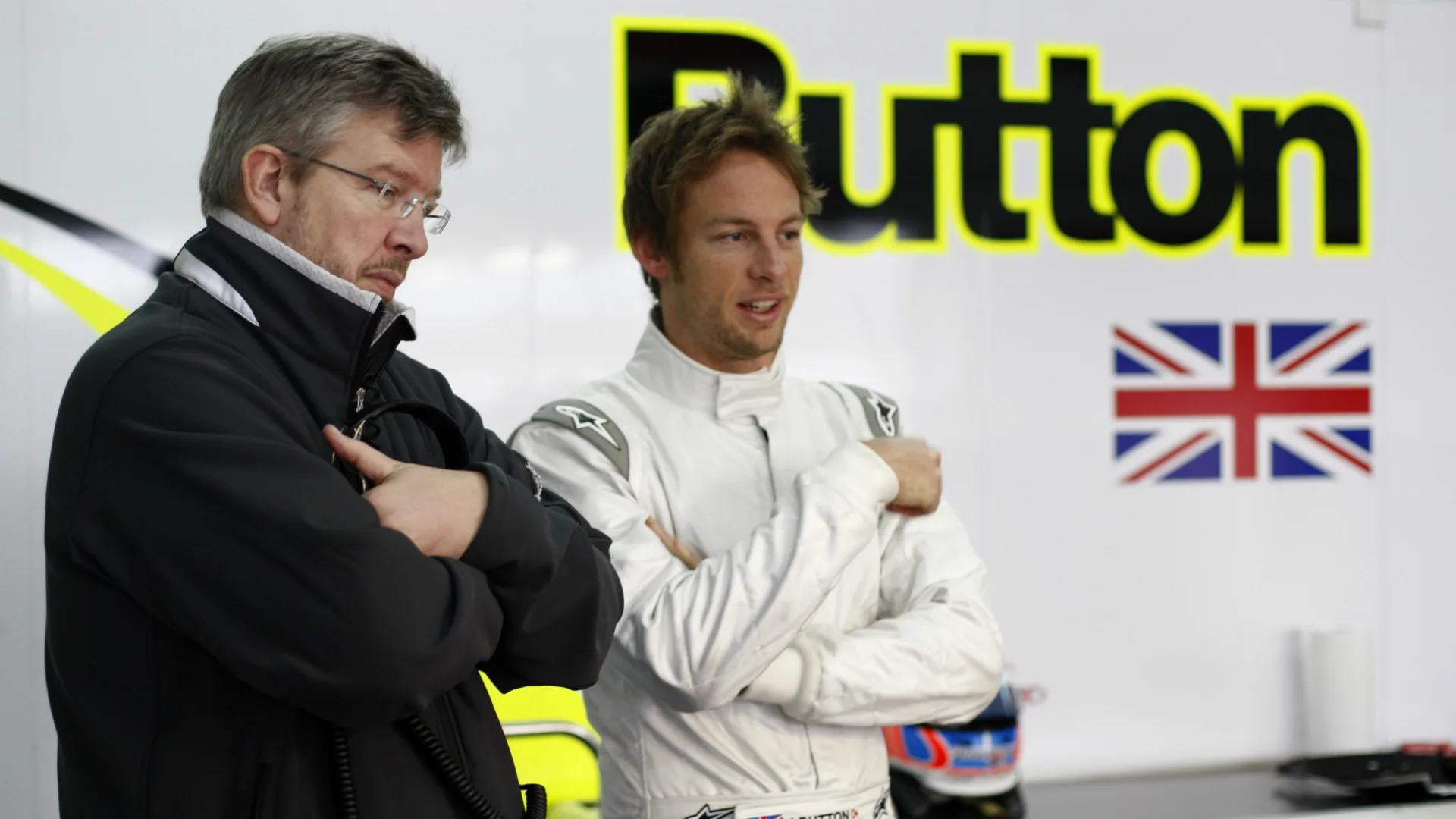 Circuit de Catalunya Barcelona Spain 9th March 2009 Ross Brawn Team Principal and Jenson