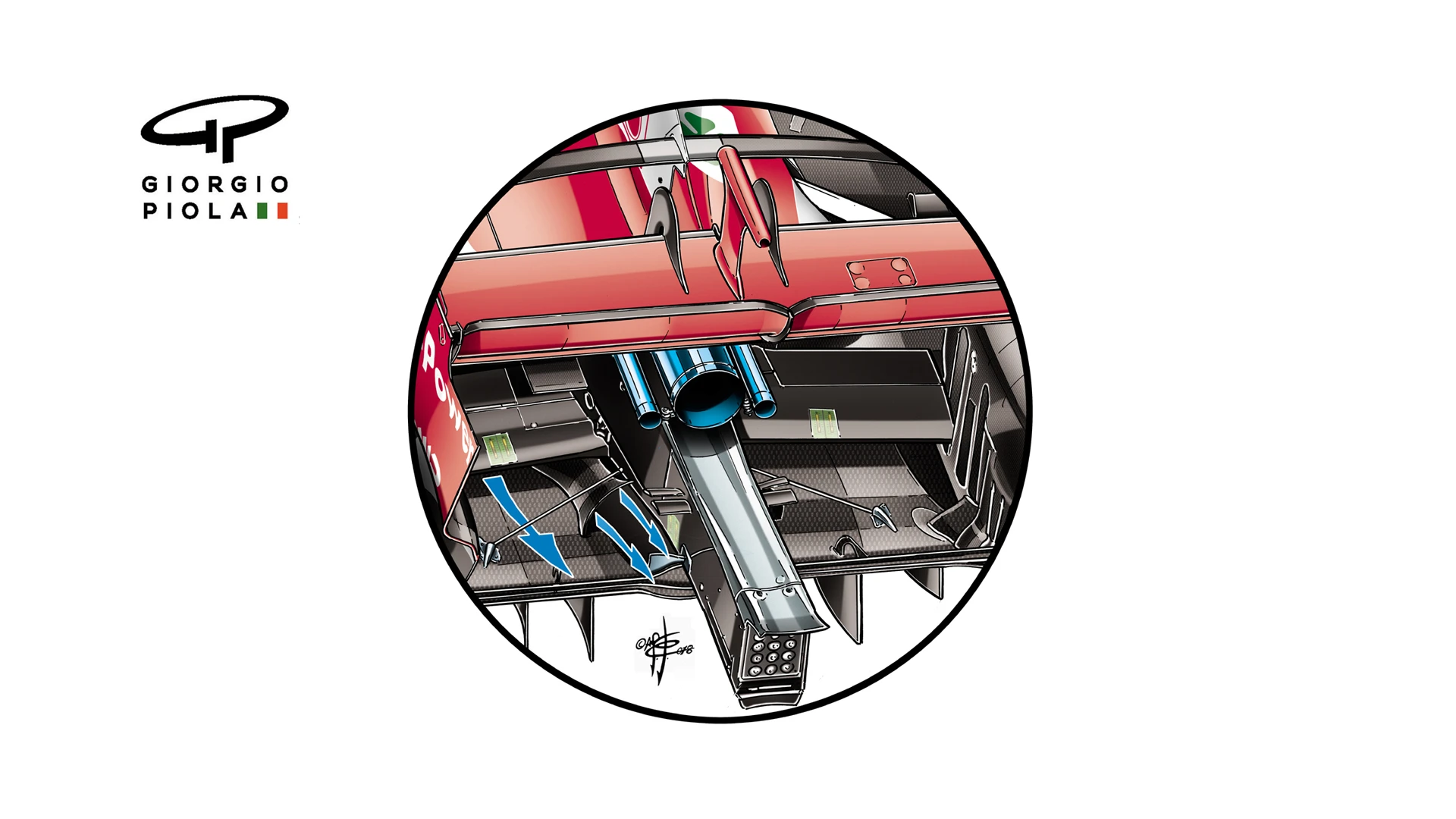 An indication of airflow through the bodywork channel, as seen from the rear of the SF71H. © Giorgio Piola