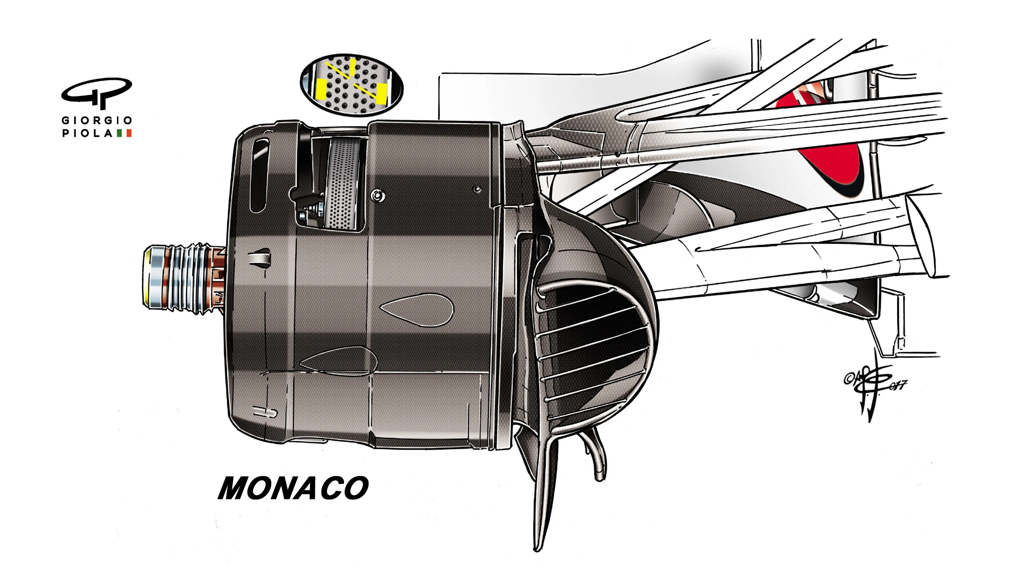 Ferrari's Monaco brake arrangement (the inset area shown in yellow is the area of un-drilled carbon)... © Giorgio Piola