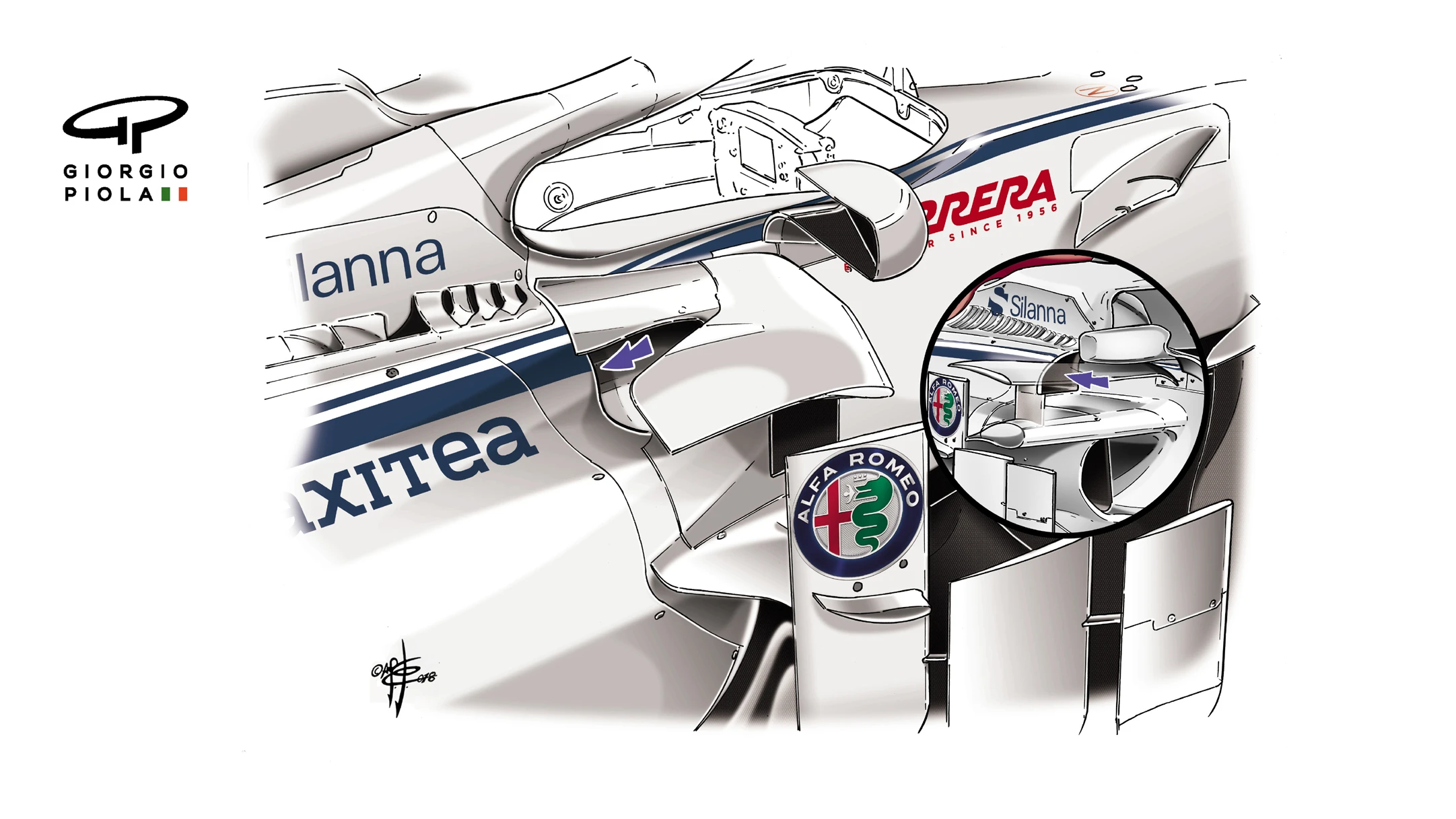 The blue arrow indicates the revised bodywork extension. © Giorgio Piola