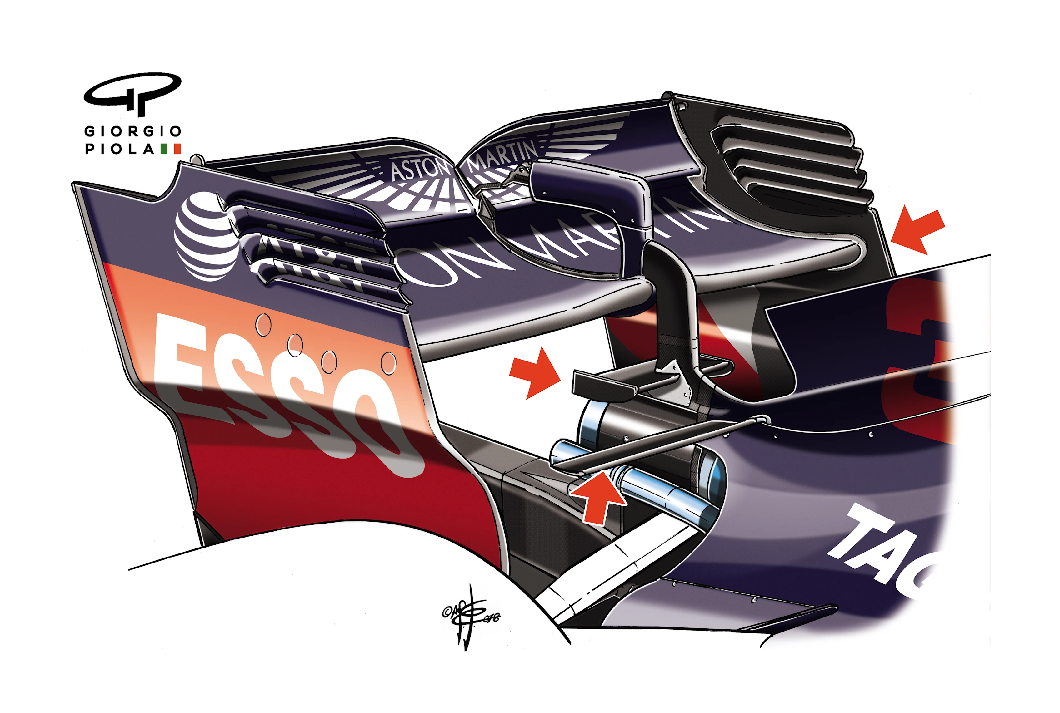 Red Bull used an iteration of their Monaco-spec wing in Hungary, complete with extended depth, monkey seat and T-wing. © Giorgio Piola