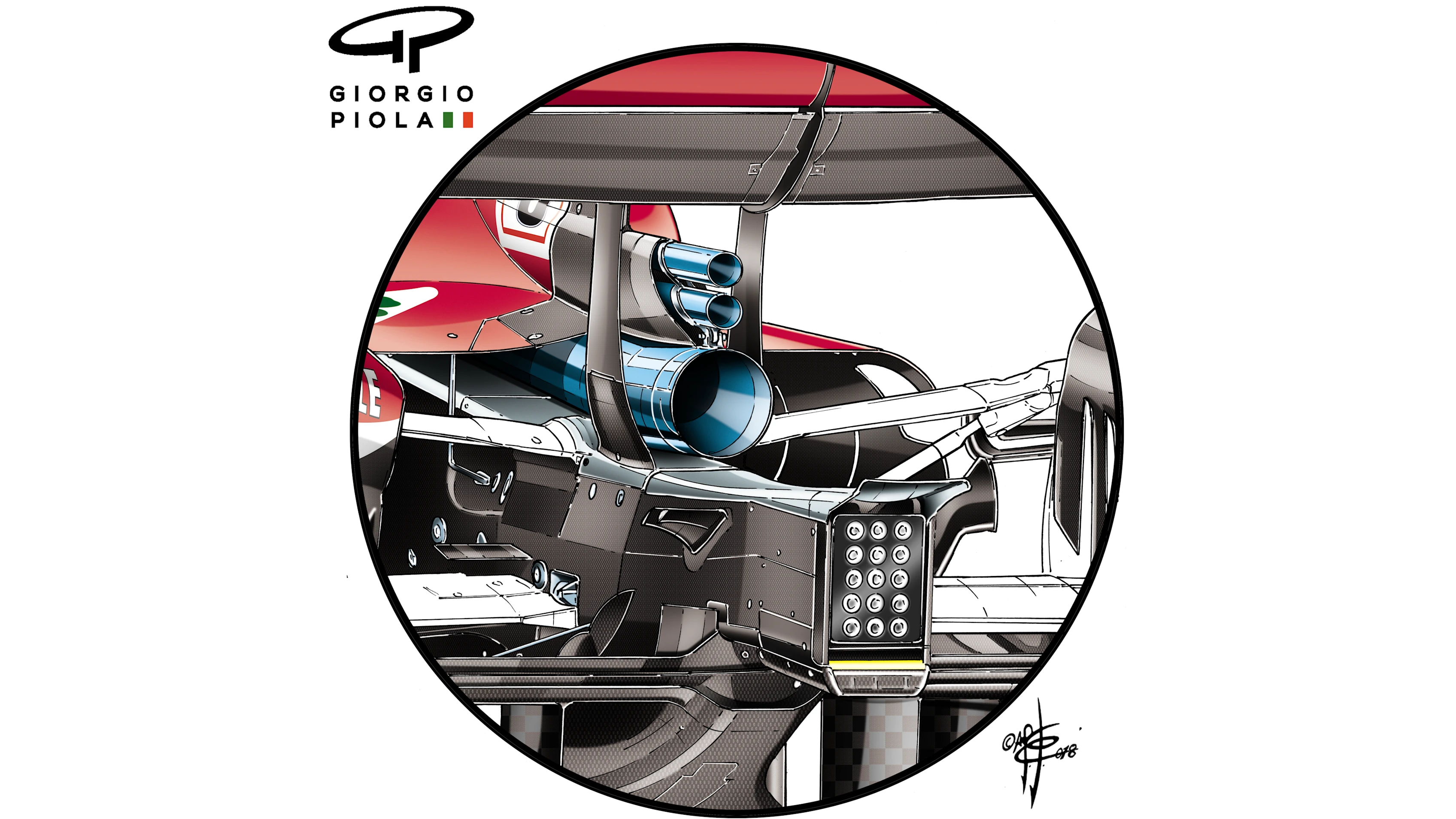 Ferrari’s alternative wastegate arrangement, which Sebastian Vettel ran briefly in Free Practice 1 in Hungary. © Giorgio Piola