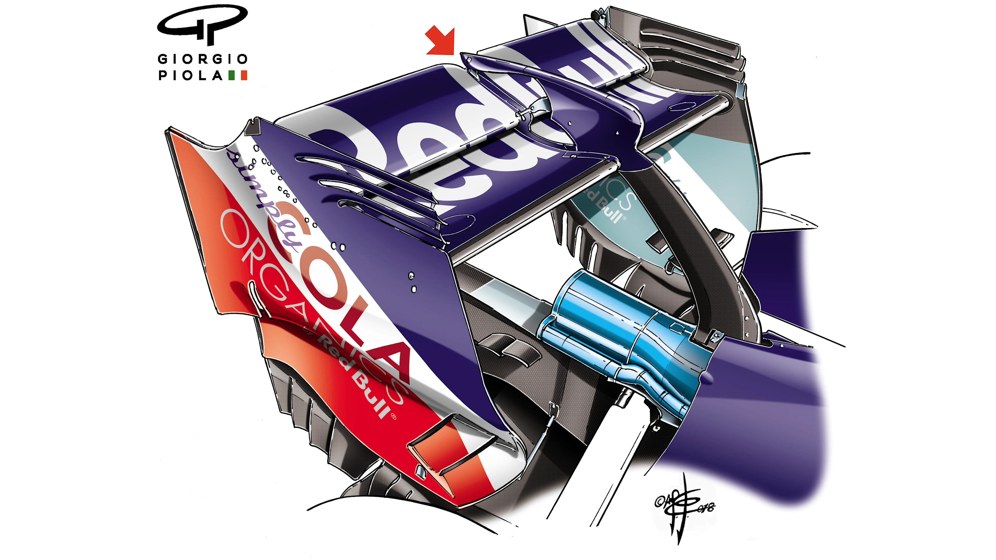 On Toro Rosso’s Monza wing, the DRS mechanism featured two fixings to give the required range of movement for the DRS flap. © Giorgio Piola