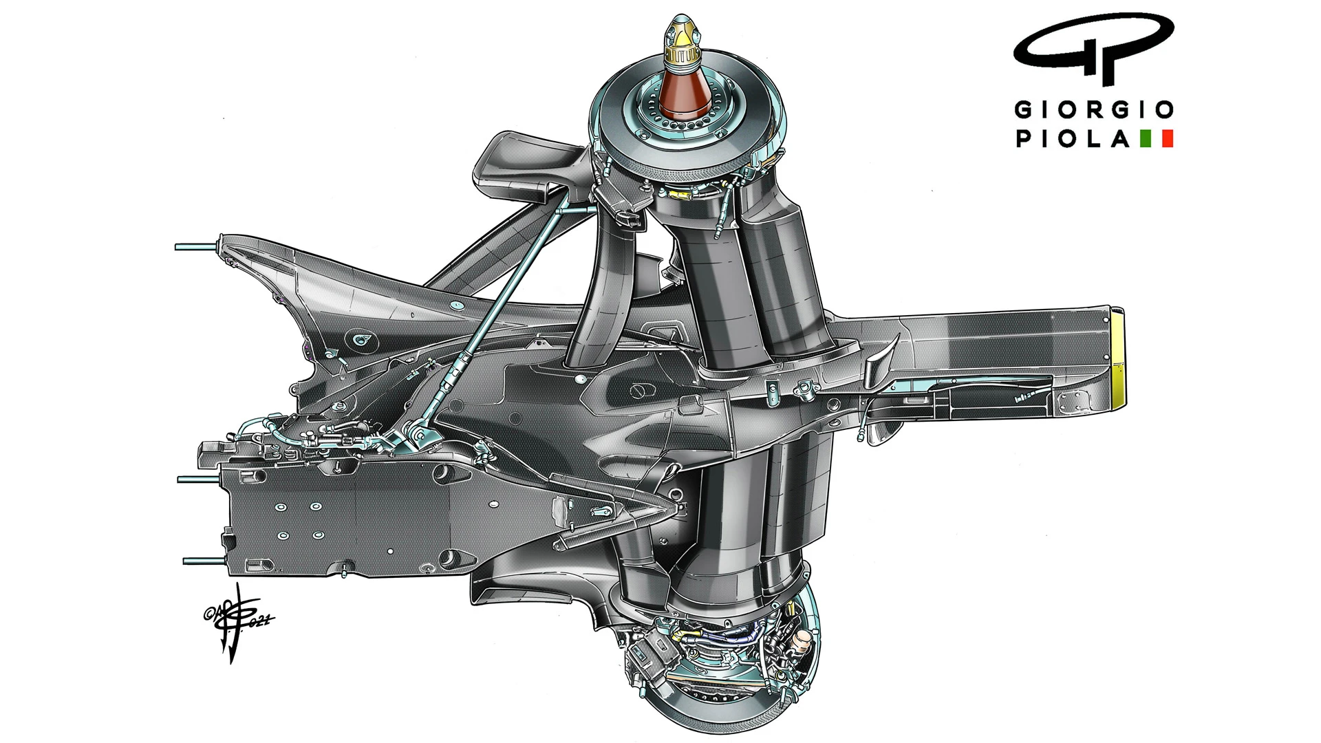 Red Bull's RB16B (illustrated above) uses a lower rear wishbone to increase volume of airflow to the diffuser