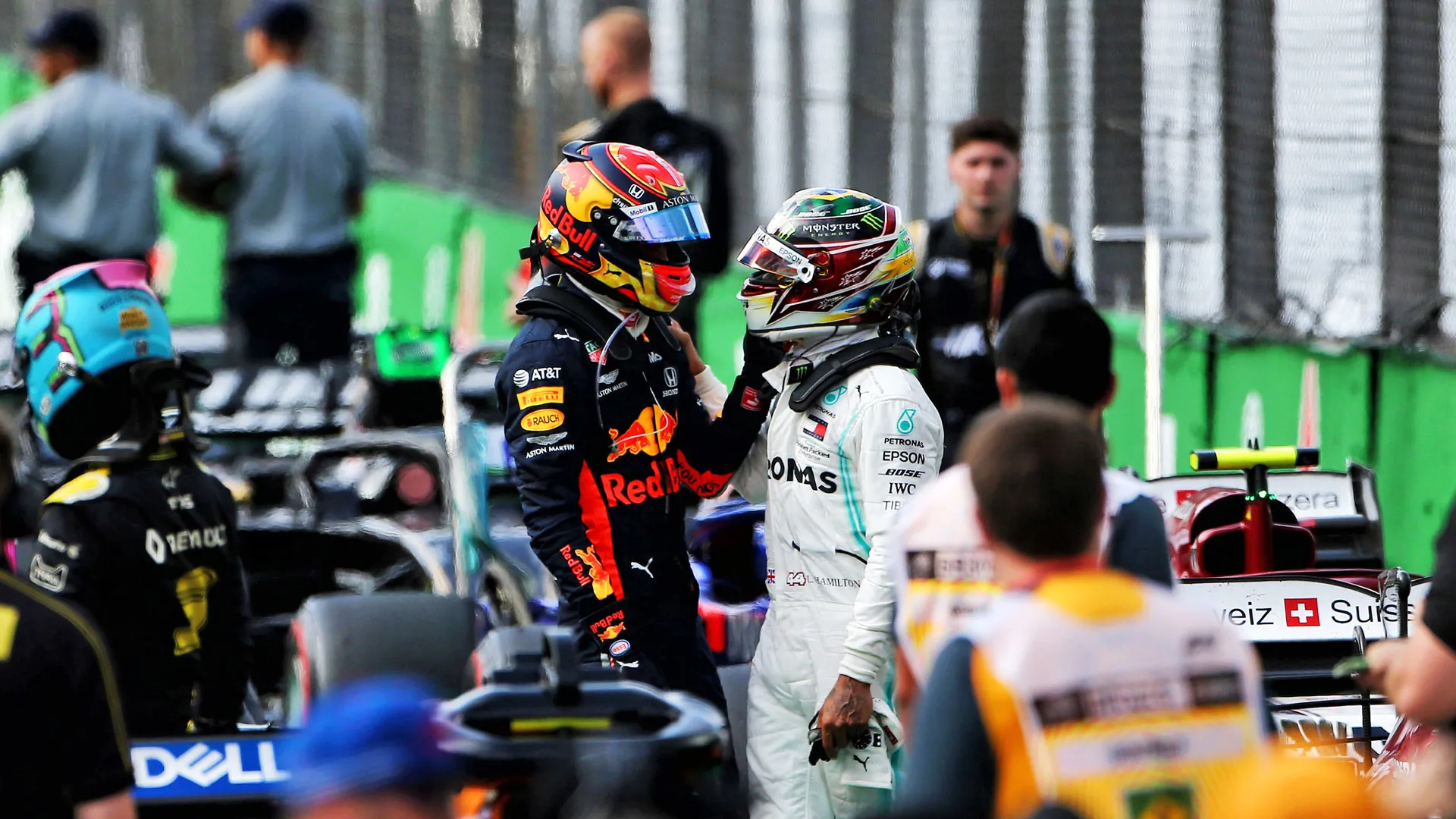 (L to R): Alexander Albon (THA) Red Bull Racing with Lewis Hamilton (GBR) Mercedes AMG F1 in parc