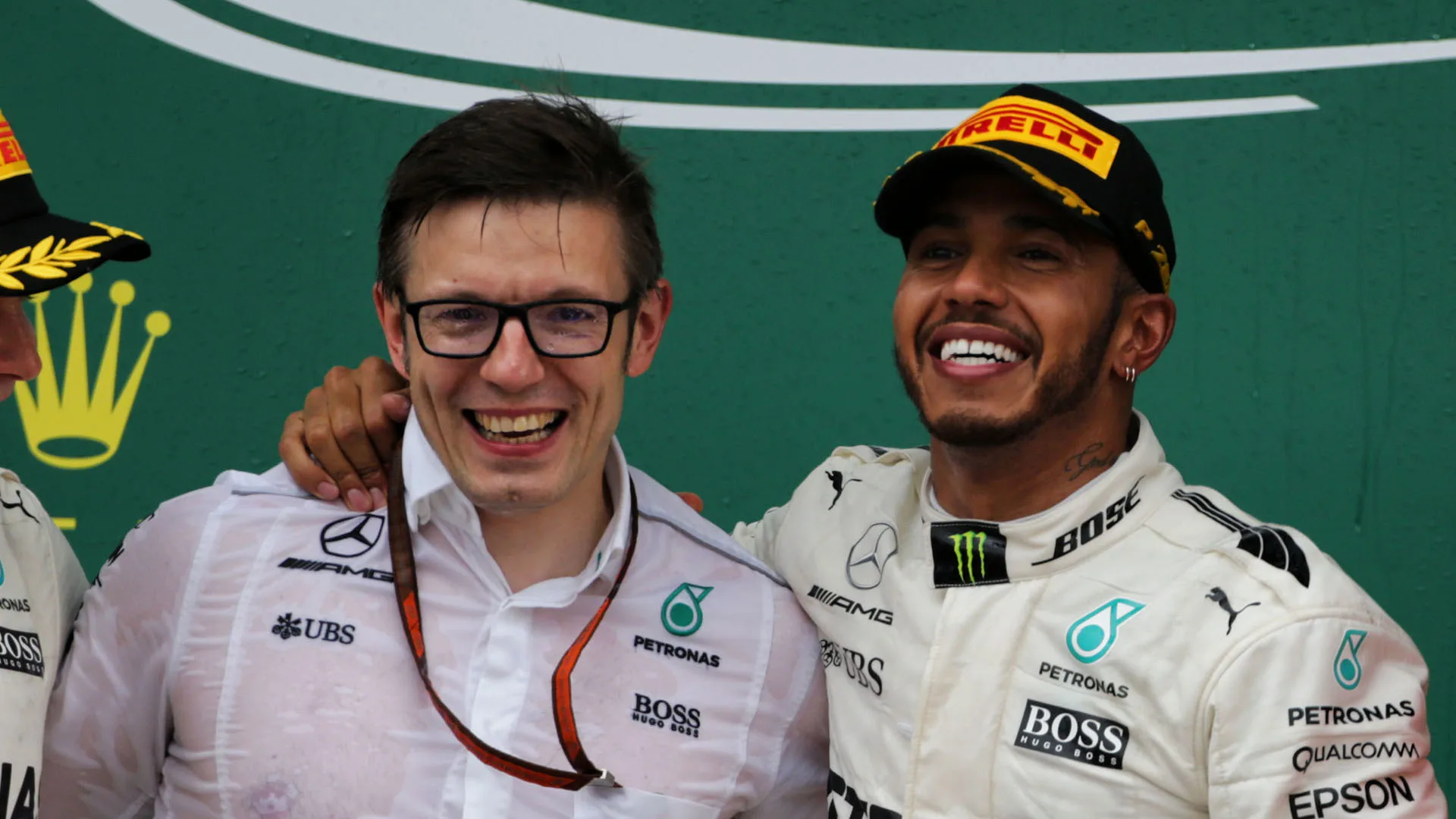 The podium (L to R): Valtteri Bottas (FIN) Mercedes AMG F1, second; Peter Bonnington (GBR) Mercedes