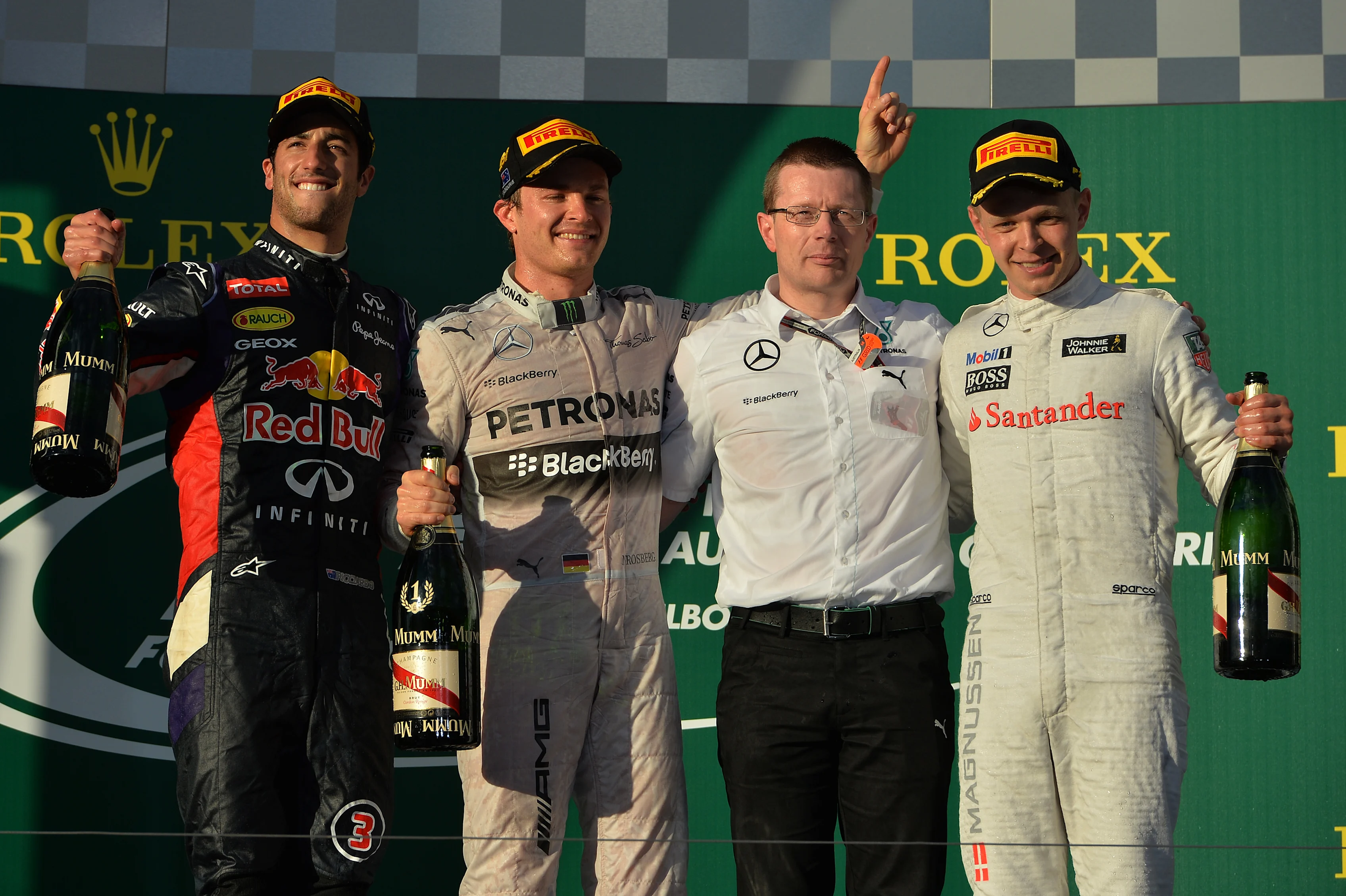 Podium (L to R): Second placed Daniel Ricciardo (AUS) Red Bull Racing, race winner Nico Rosberg