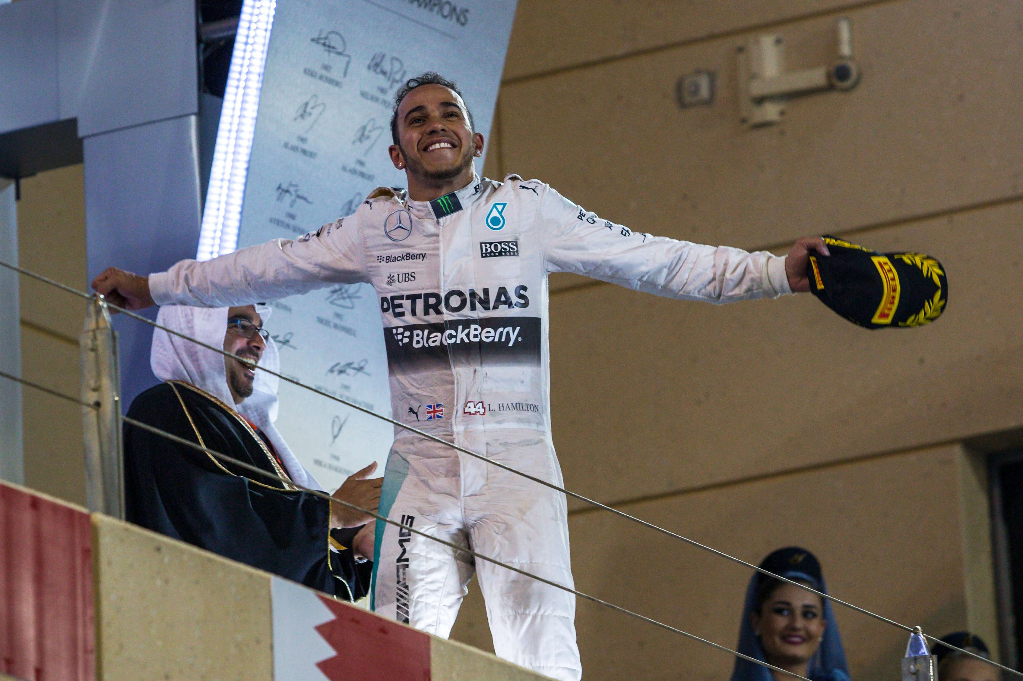 Lewis Hamilton (GBR) Mercedes AMG F1 celebrates on the podium at Formula One World Championship,