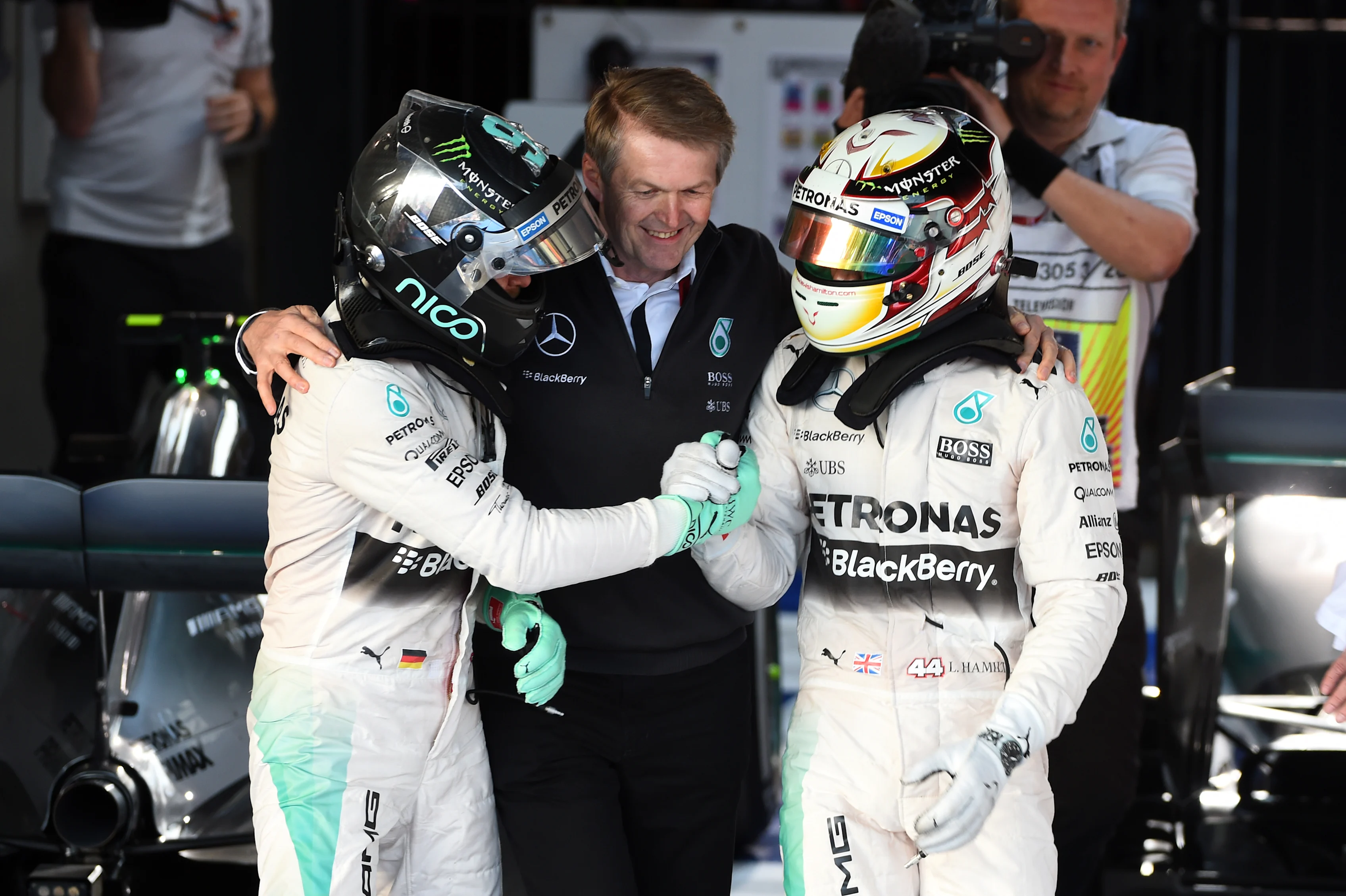 race winner Lewis Hamilton (GBR) Mercedes AMG F1 and Nico Rosberg (GER) Mercedes AMG F1 celebrate
