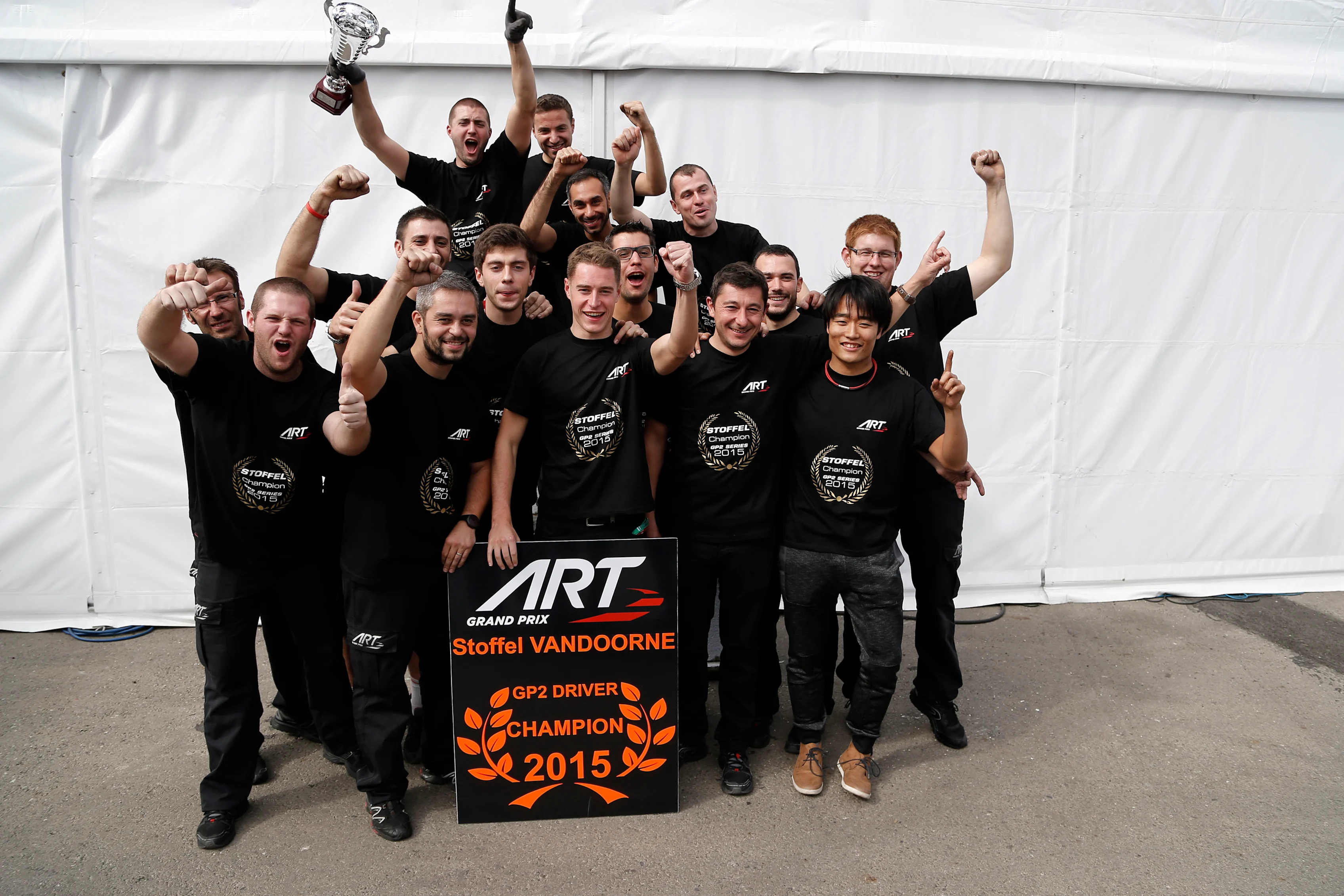 2015 GP2 Champion Stoffel Vandoorne (BEL) ART Grand Prix celebrates with the team at GP2 Series,