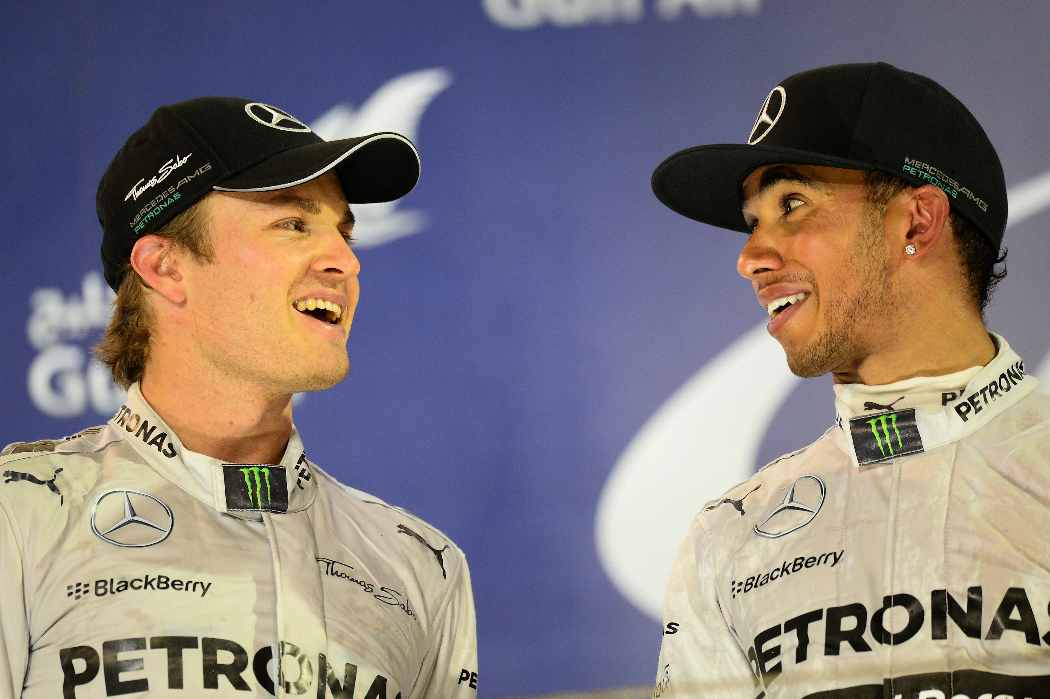 Nico Rosberg (GER) Mercedes AMG F1 and Lewis Hamilton (GBR) Mercedes AMG F1 on the podium. Formula One World Championship, Rd3, Bahrain Grand Prix, Race, Bahrain International Circuit, Sakhir, Bahrain, Sunday, 6 April 2014