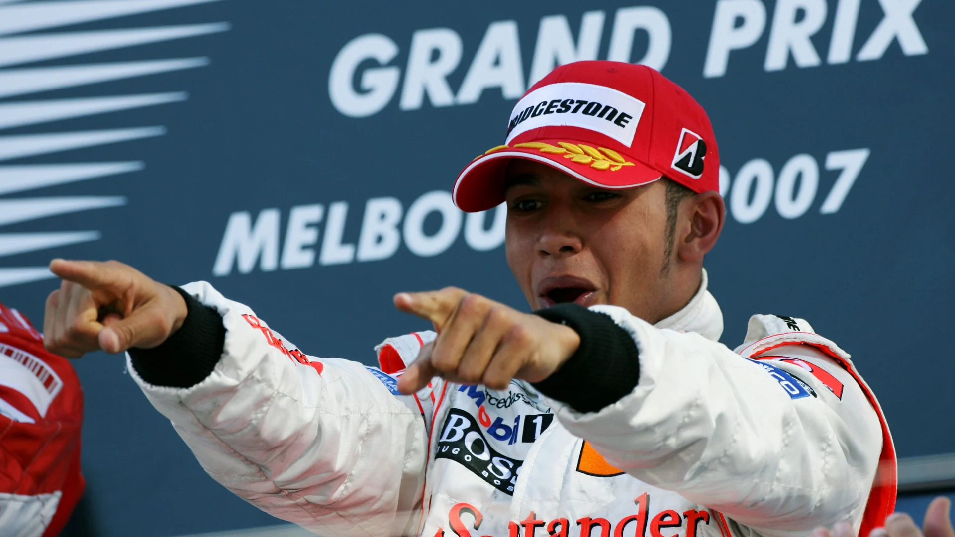 Lewis Hamilton (GBR) McLaren celebrates his third position on the podium. Formula One World