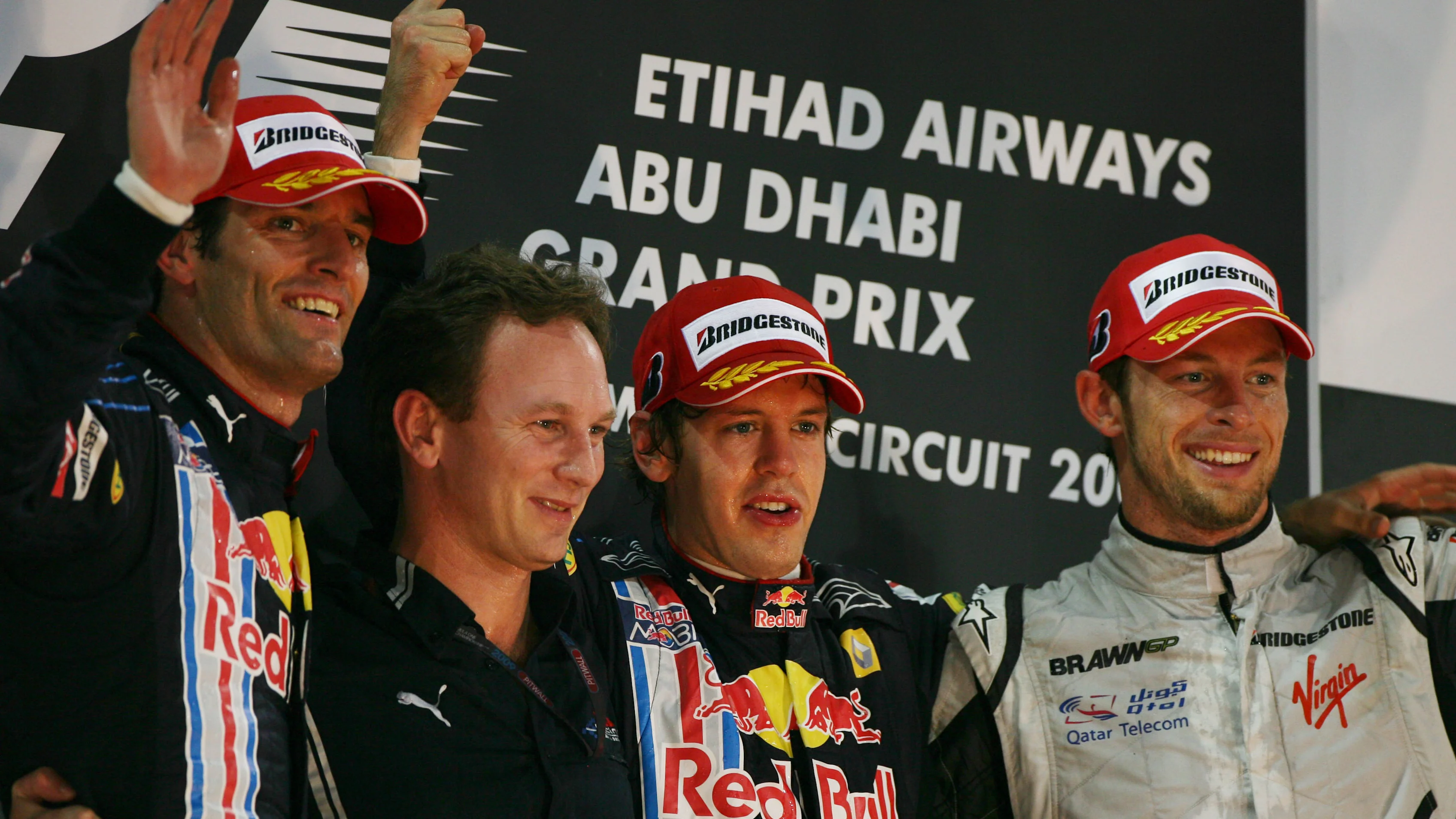 The podium (L to R): Mark Webber (AUS) Red Bull Racing, Christian Horner (GBR) Red Bull Racing Team