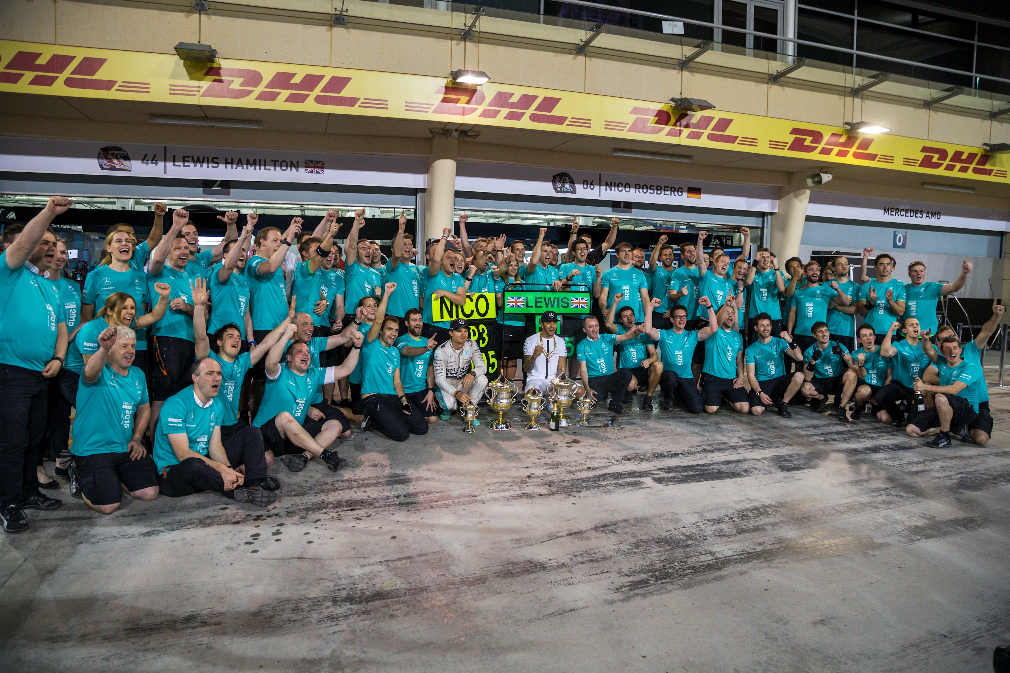 Race winner Lewis Hamilton (GBR) Mercedes AMG F1 and Nico Rosberg (GER) Mercedes AMG F1 celebrate with the team at Formula One World Championship, Rd4, Bahrain Grand Prix Race, Bahrain International Circuit, Sakhir, Bahrain, Sunday 19  April 2015. © Sutton Motorsport Images