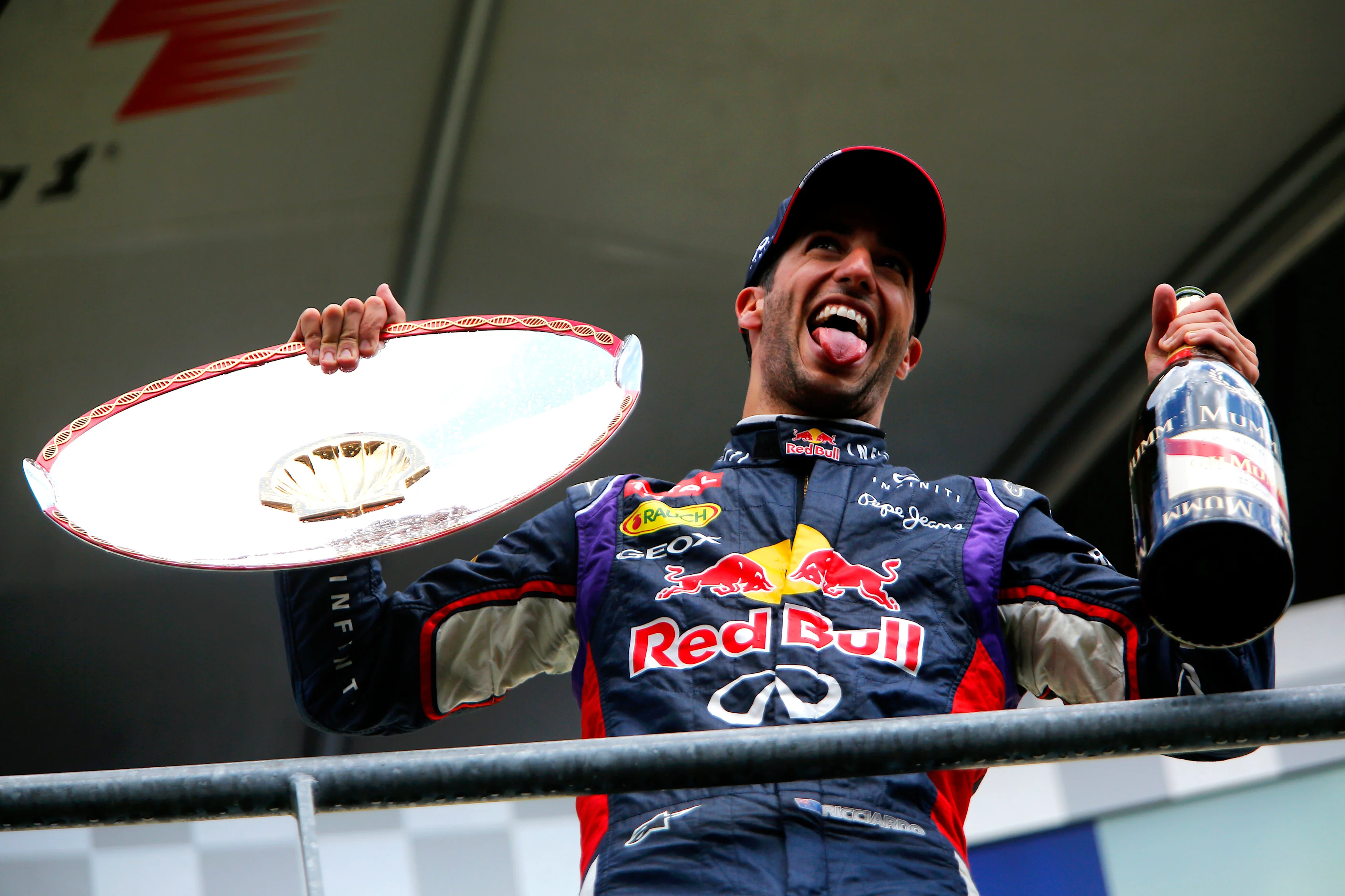 Racewinner Daniel Ricciardo atop the podium at Spa-Francorchamps © Sutton Motorsport Images