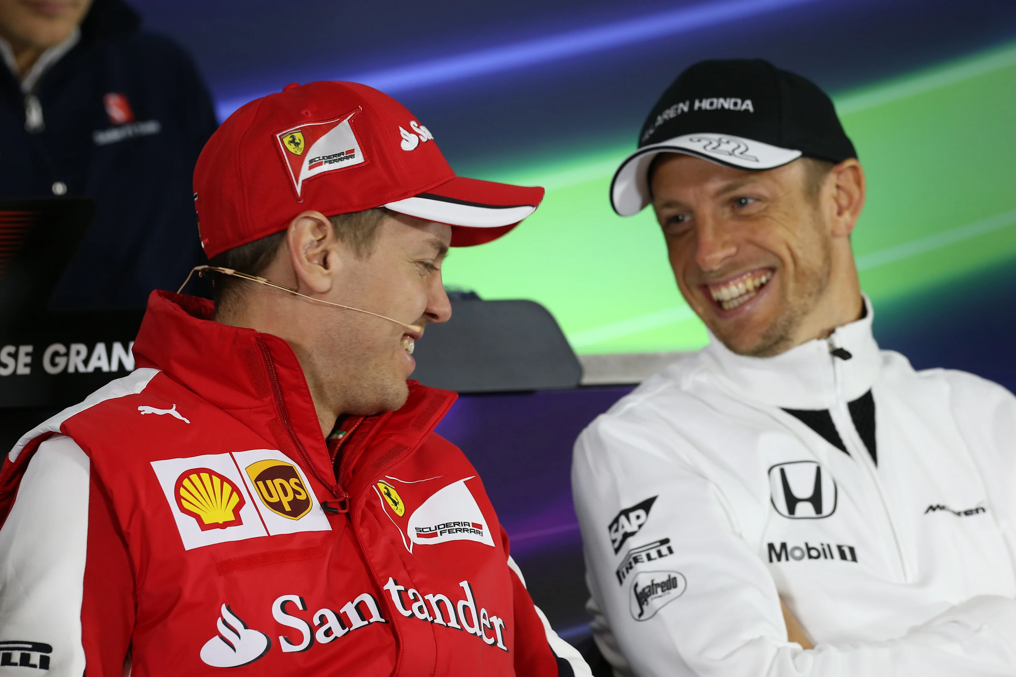 Sebastian Vettel (GER) Ferrari and Jenson Button (GBR) McLaren in the Press Conference at Formula One World Championship, Rd3, Chinese Grand Prix, Preparations, Shanghai, China, Thursday 9 April 2015. © Sutton Motorsport Images