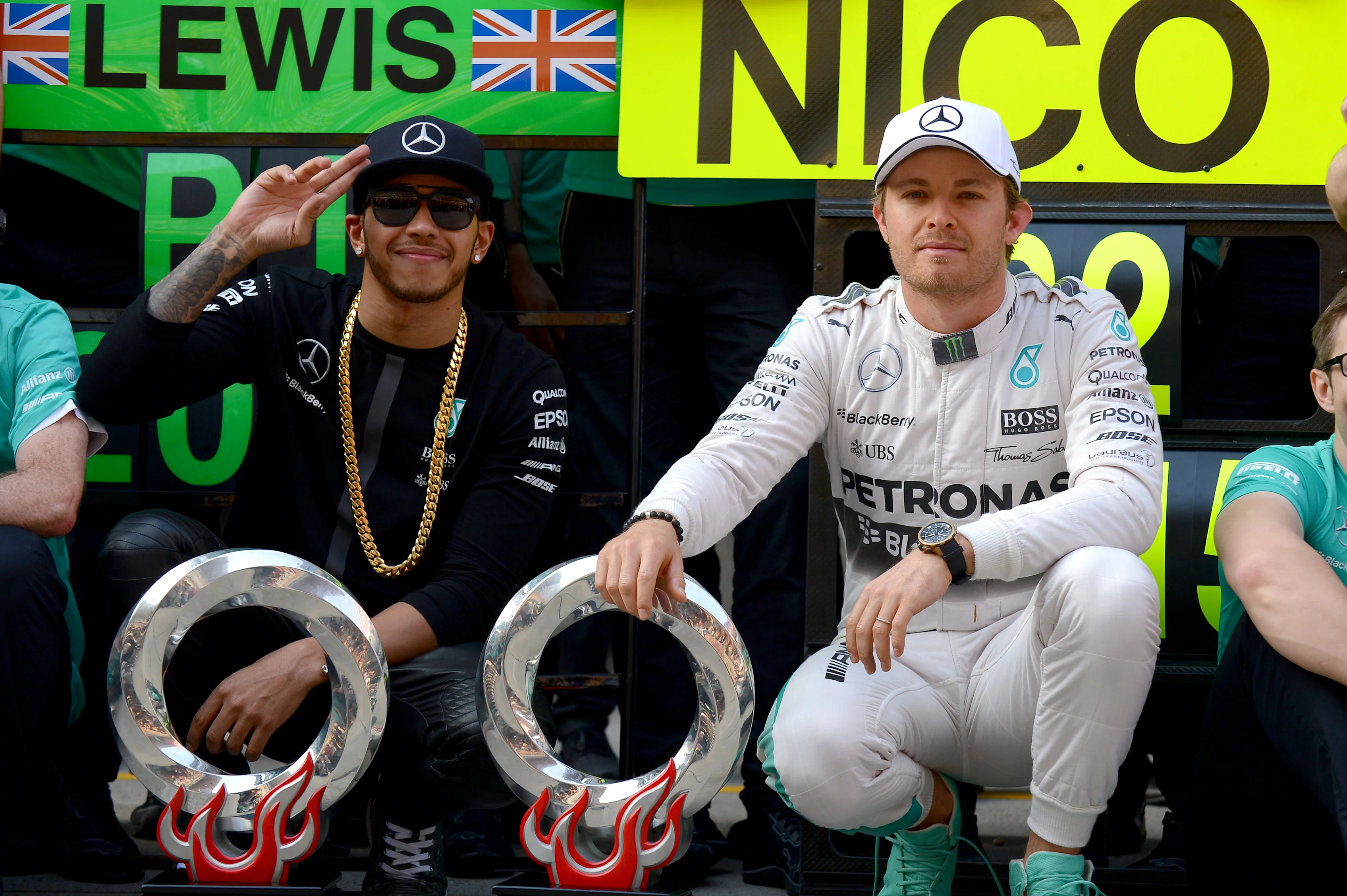 Lewis Hamilton (GBR) Mercedes AMG F1 and Nico Rosberg (GER) Mercedes AMG F1 during the team celebration at Formula One World Championship, Rd3, Chinese Grand Prix, Race, Shanghai, China, Sunday 12 April 2015. © Sutton Motorsport Images