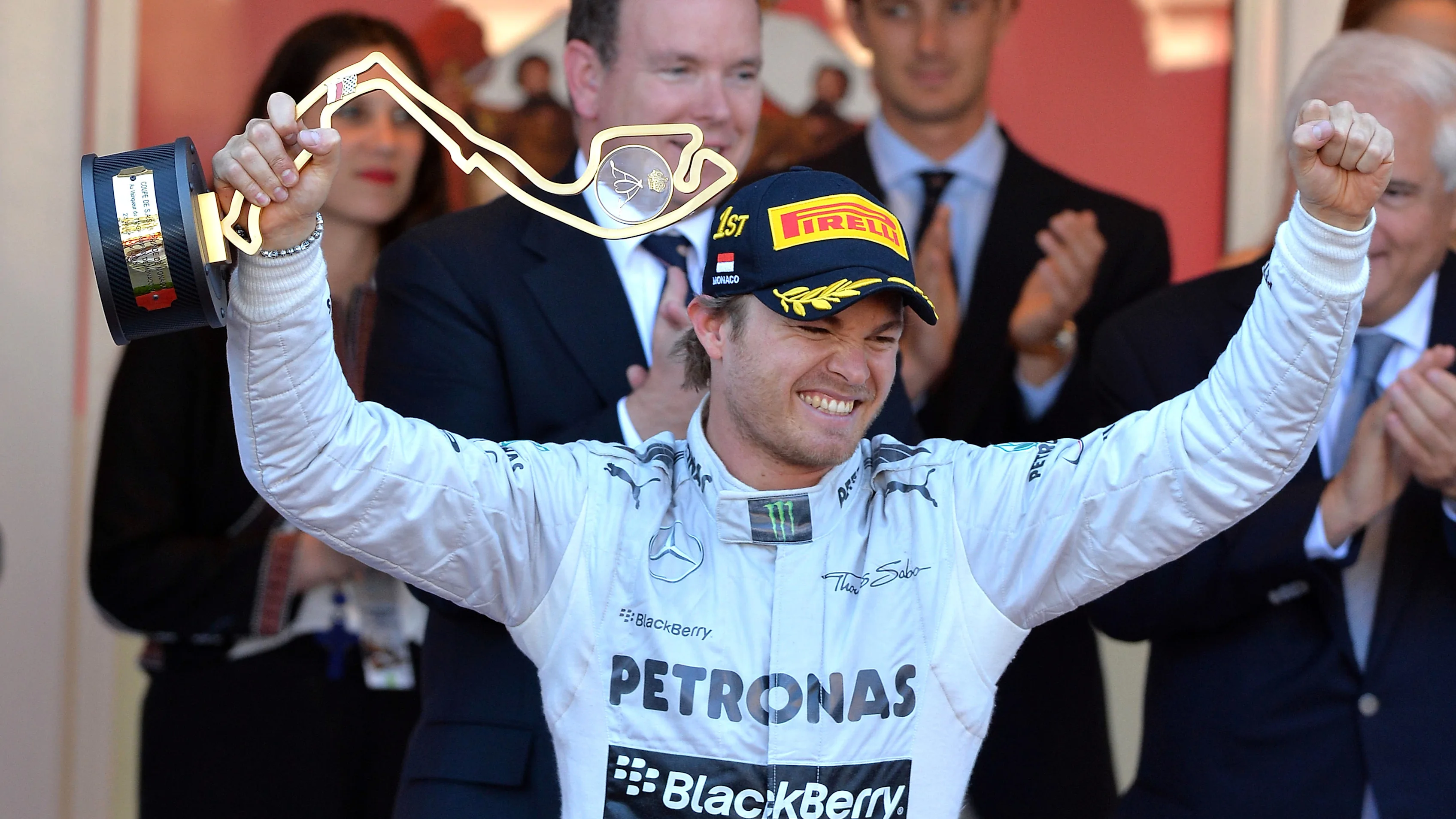Race winner Nico Rosberg (GER) Mercedes AMG F1 celebrates on the podium. Formula One World
