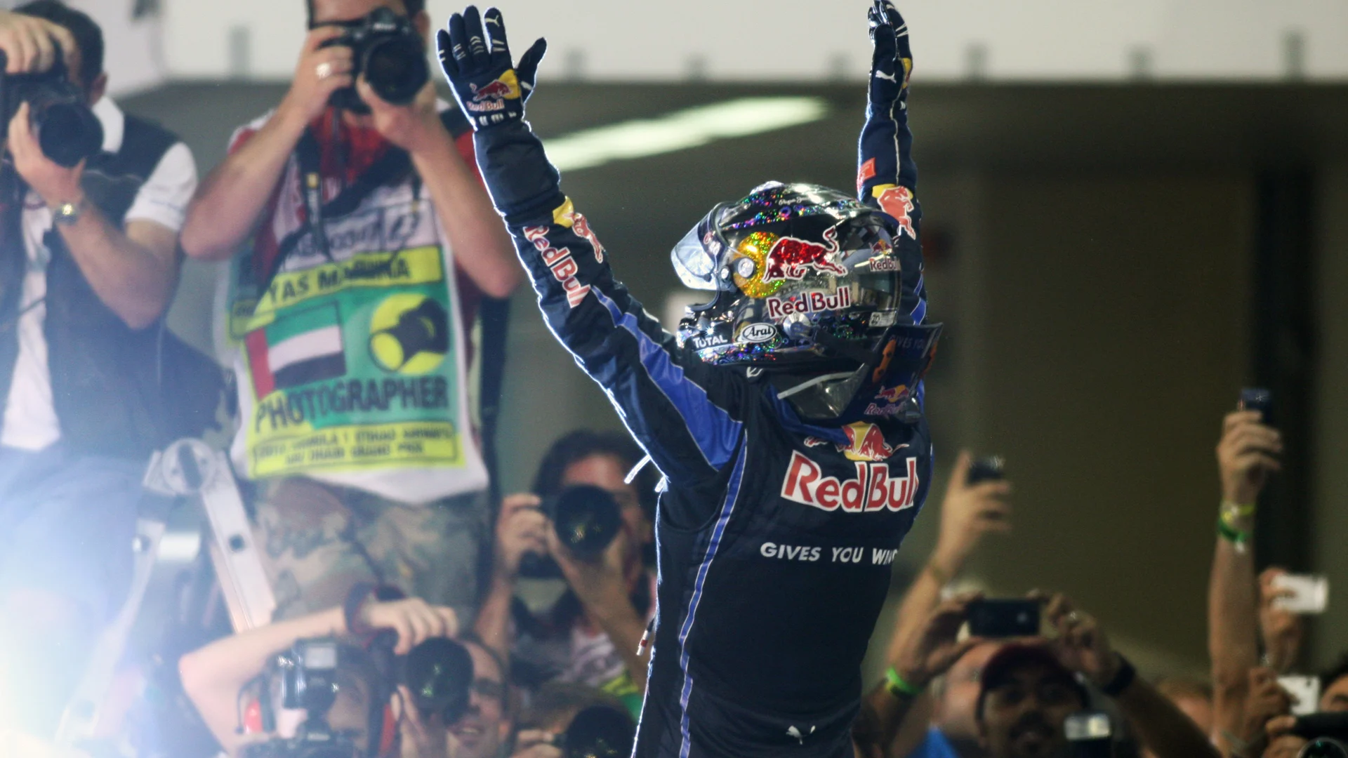 Race winner and 2010 World Champion Sebastian Vettel (GER) Red Bull Racing celebrates in parc