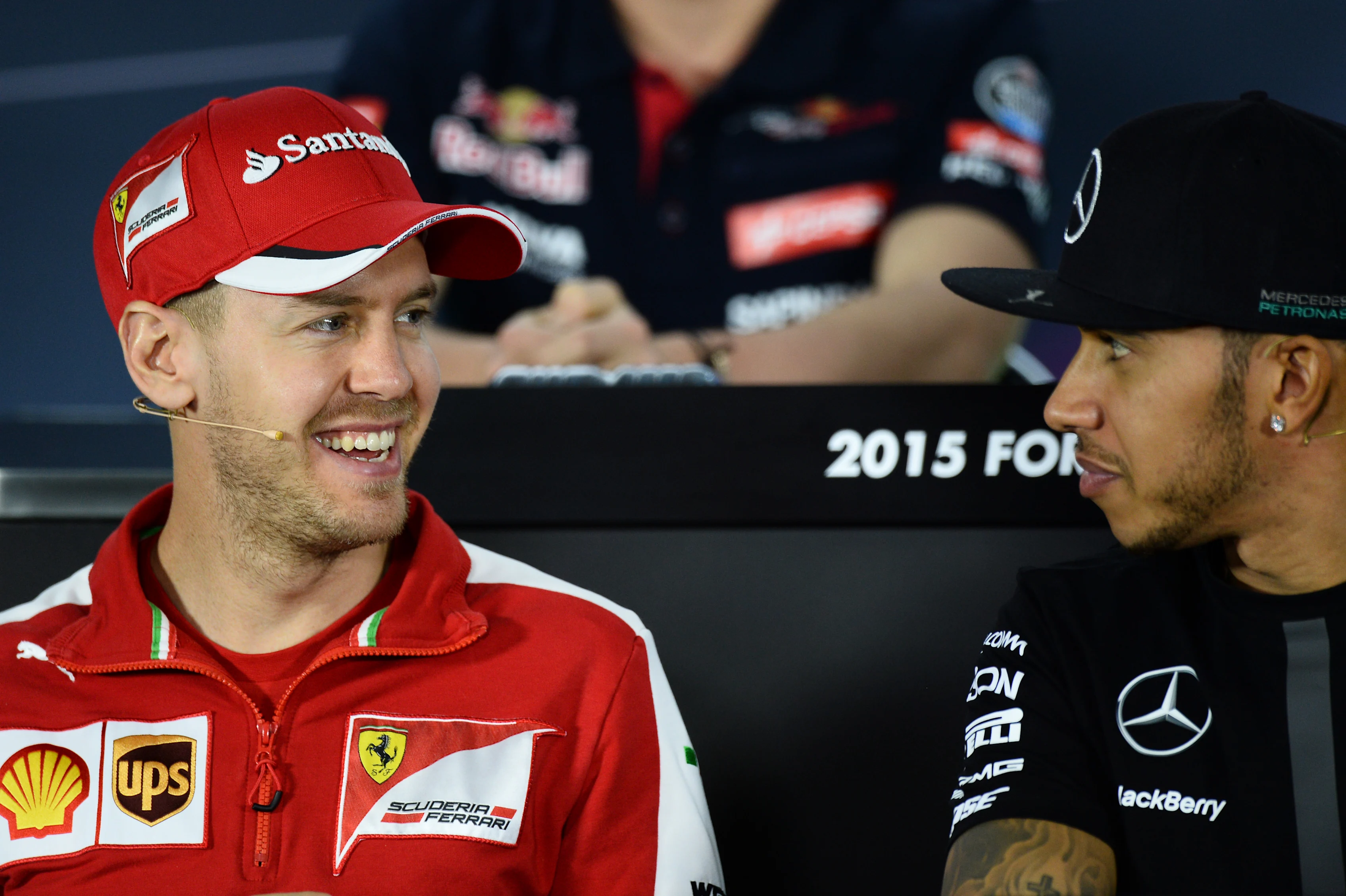 Sebastian Vettel (GER) Ferrari and Lewis Hamilton (GBR) Mercedes AMG F1 during the press conference at Formula One World Championship, Rd1, Australian Grand Prix, Preparations, Albert Park, Melbourne, Australia, Thursday 12 March 2015. © Sutton Motorsport Images