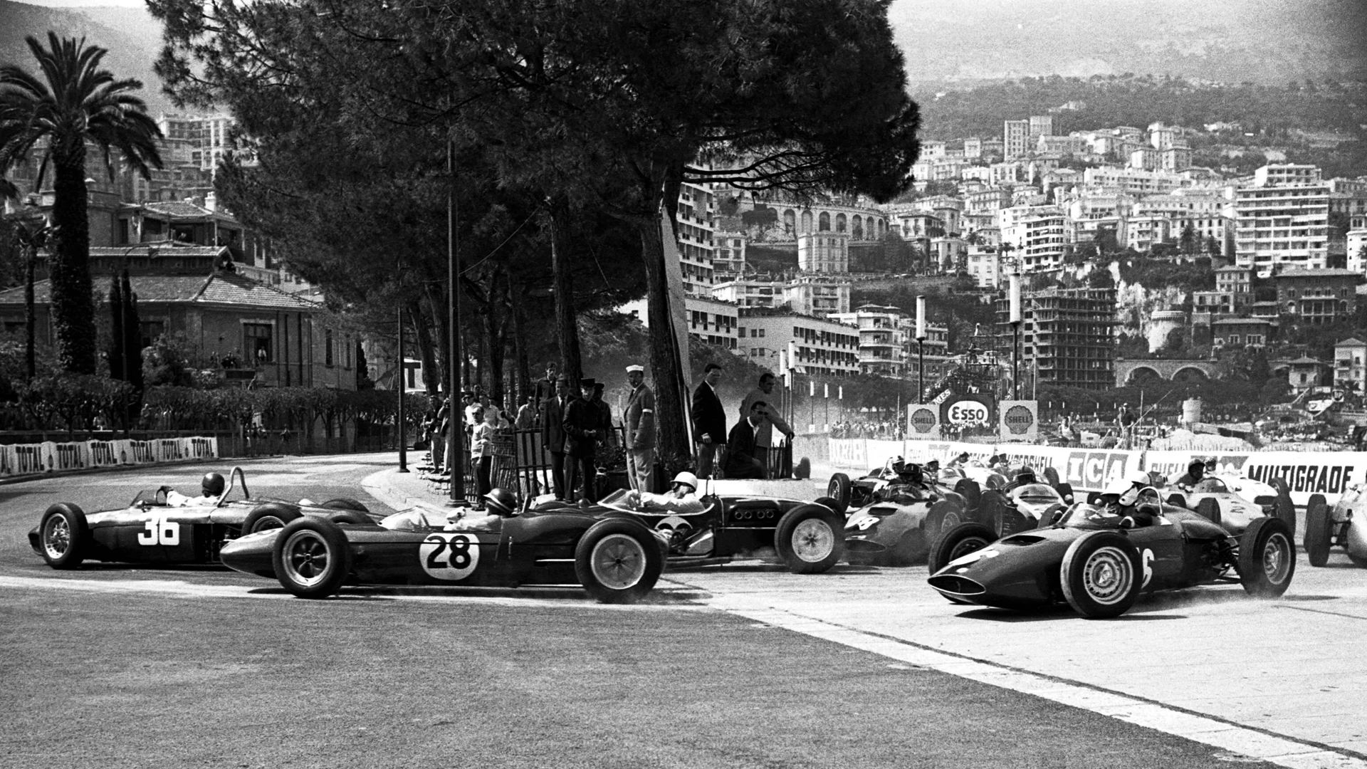 Monaco GP 1961 Start Ritchie Ginther (Ferrari 156) leads from Jim Clark( car 28) Lotus 21 and