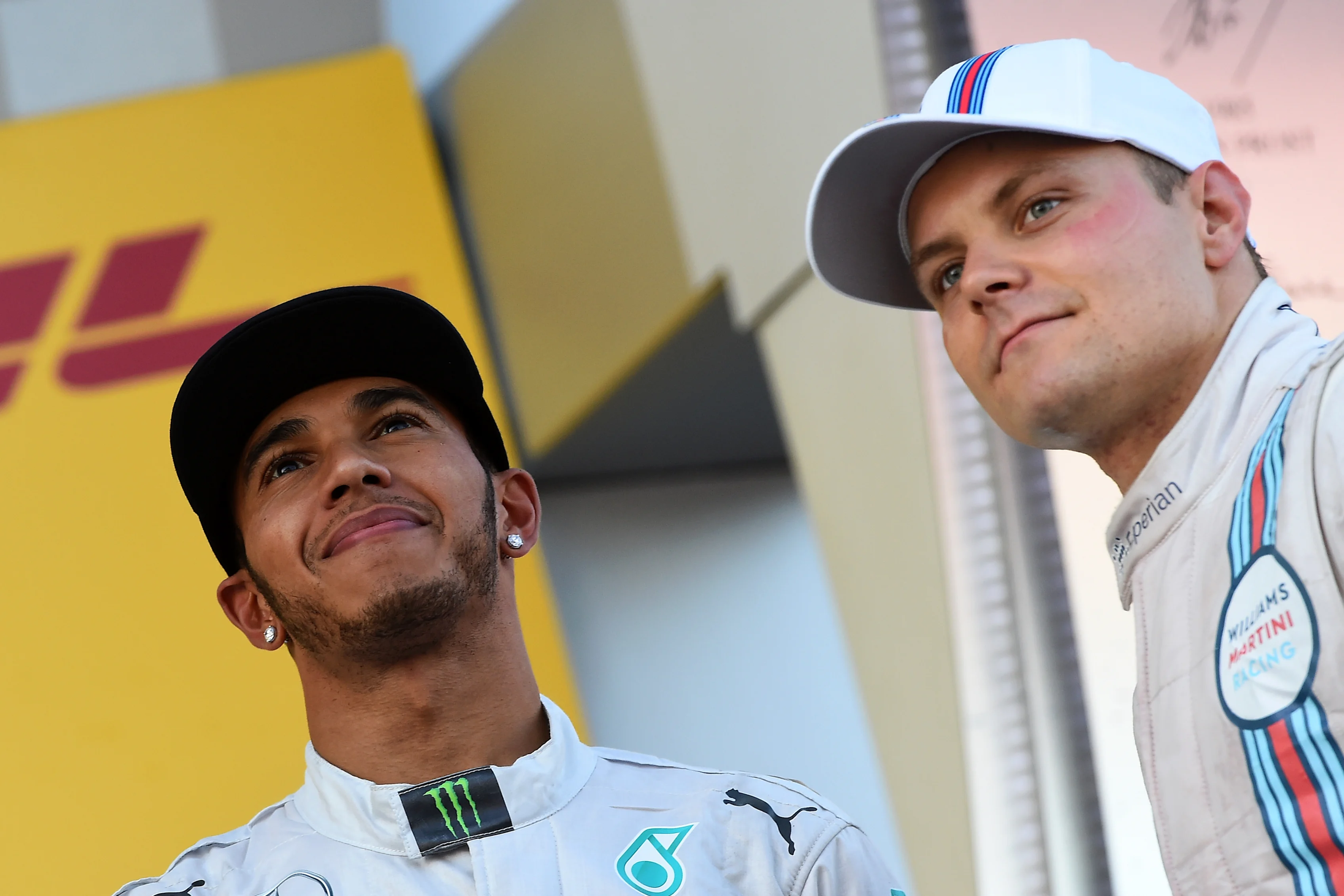 (L to R): Race winner Lewis Hamilton (GBR) Mercedes AMG F1 and Valtteri Bottas (FIN) Williams