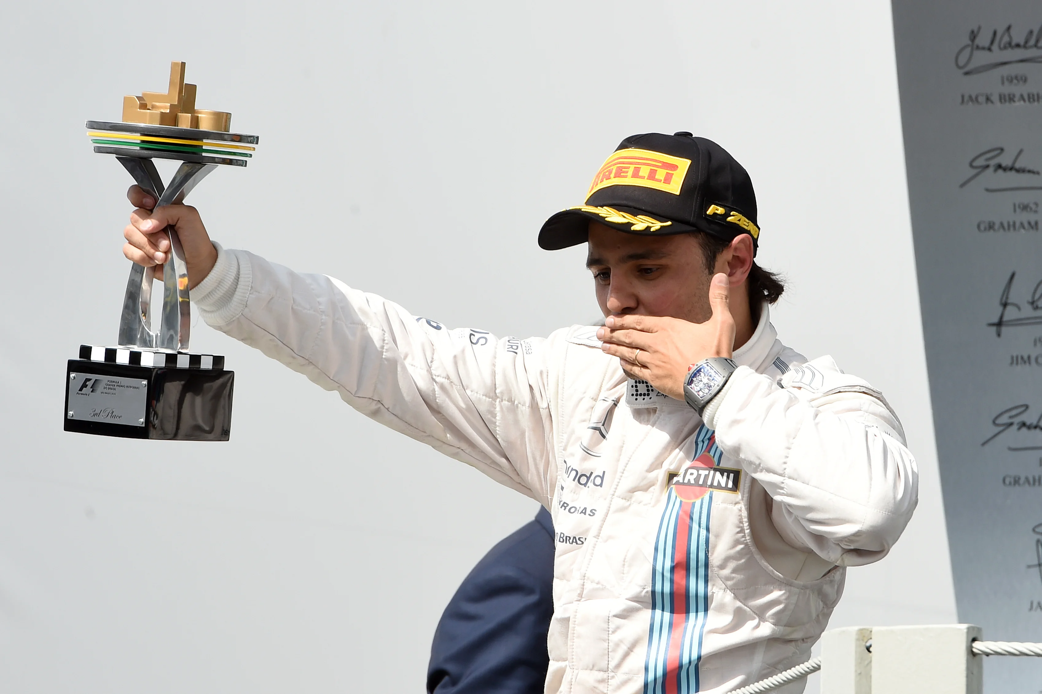 Felipe Massa (BRA) Williams celebrates on the podium with the trophy.
Formula One World Championship, Rd18, Brazilian Grand Prix, Race, Sao Paulo, Brazil, Sunday 9 November 2014.