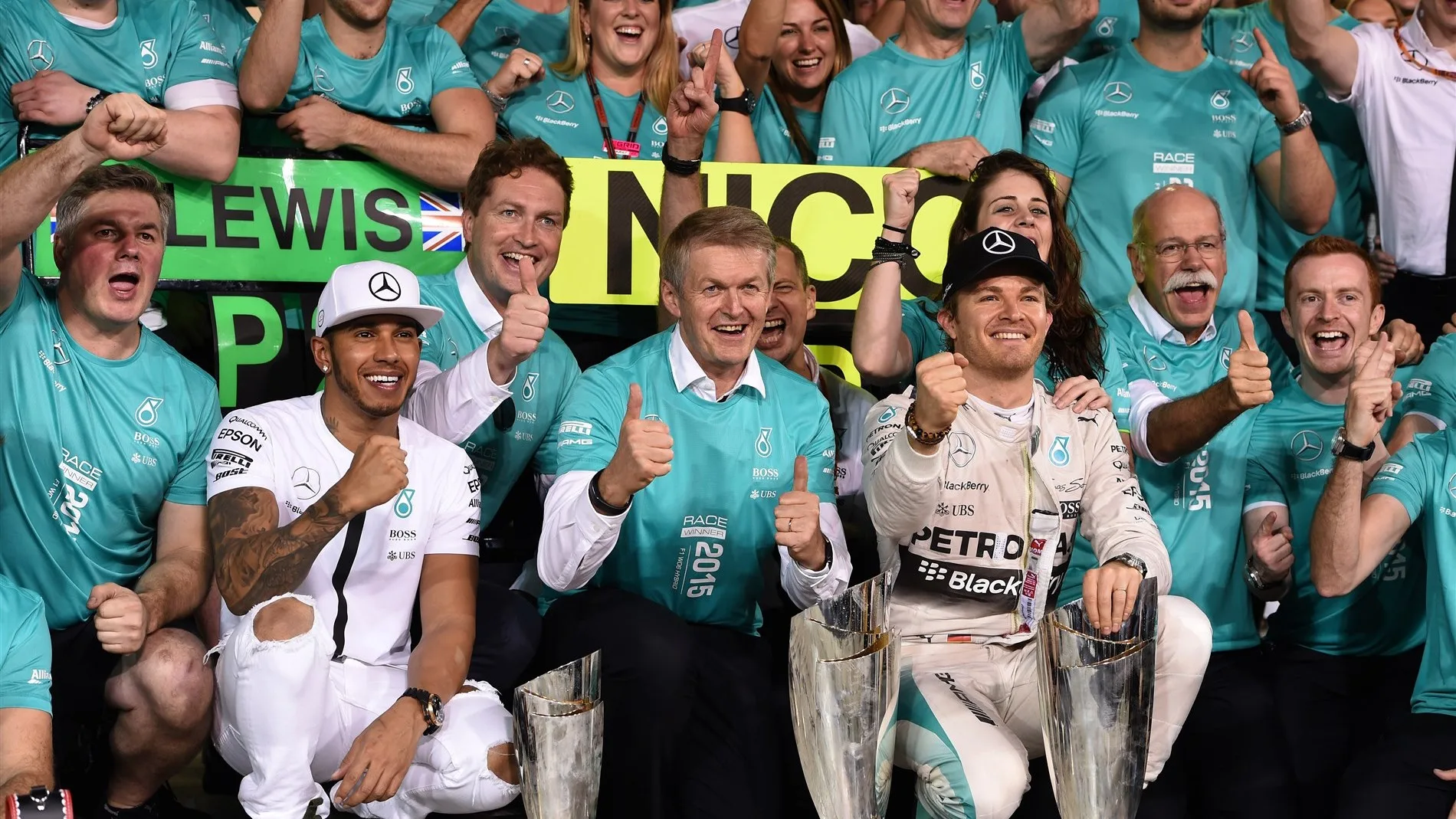 Race winner Nico Rosberg (GER) Mercedes AMG F1 celebrates with Lewis Hamilton (GBR) Mercedes AMG