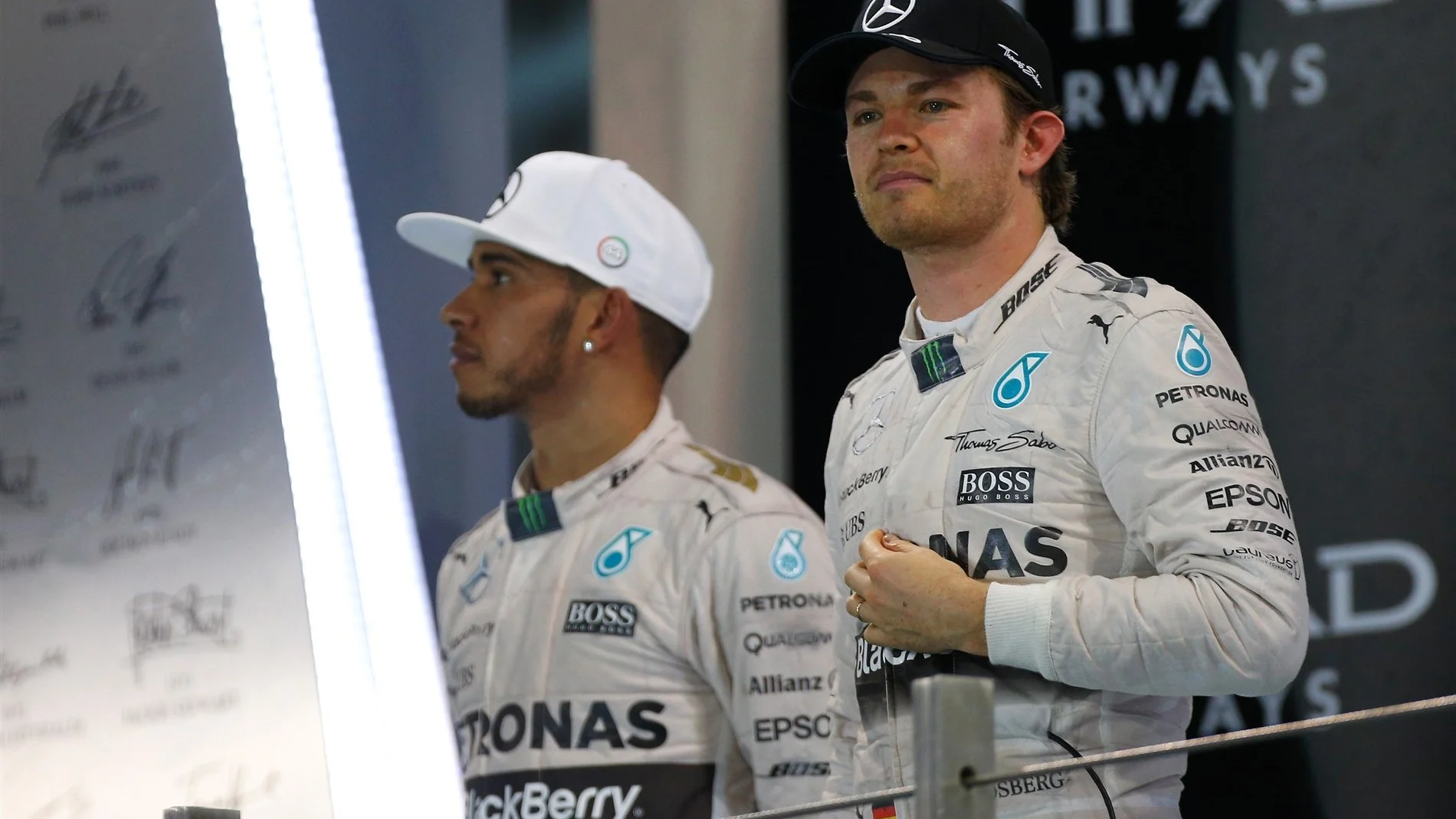 Lewis Hamilton (GBR) Mercedes AMG F1 and Nico Rosberg (GER) Mercedes AMG F1 on the podium at