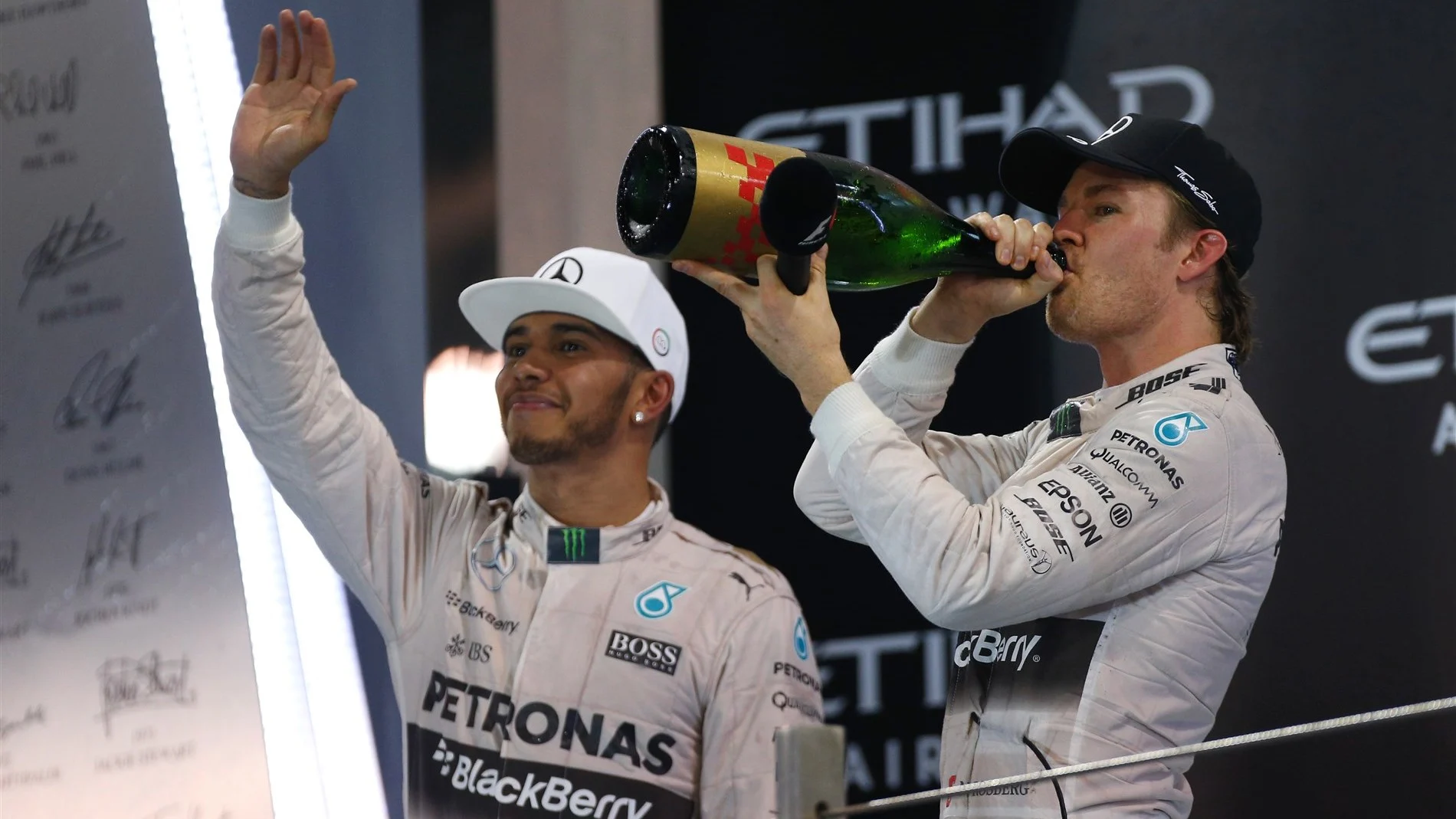 Lewis Hamilton (GBR) Mercedes AMG F1 and Nico Rosberg (GER) Mercedes AMG F1 celebrate on the podium