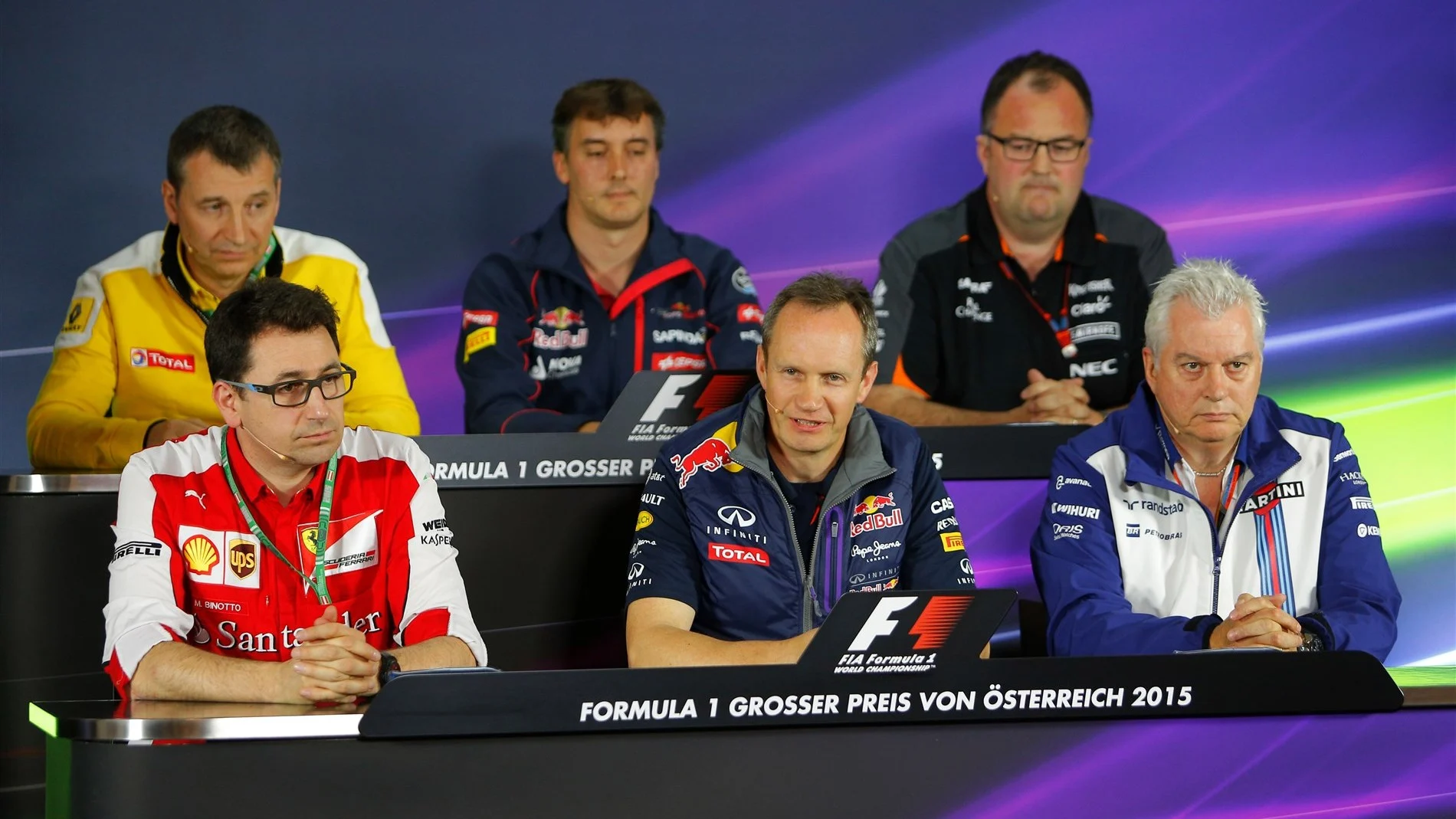 (L to R): Rob White (GBR) Renault Sport, James Key (GBR) Scuderia Toro Rosso Technical Director, Tom McCullough (GBR) Force India F1 Team Chief Engineer, Mattia Binotto (ITA) Ferrari Race Engine Manager, Paul Monaghan (GBR) Red Bull Racing Chief Engineer and Pat Symonds (GBR) Williams Technical Director in the Press Conference at Formula One World Championship, Rd8, Austrian Grand Prix, Practice, Spielberg, Austria, Friday 19 June 2015. © Sutton Motorsport Images