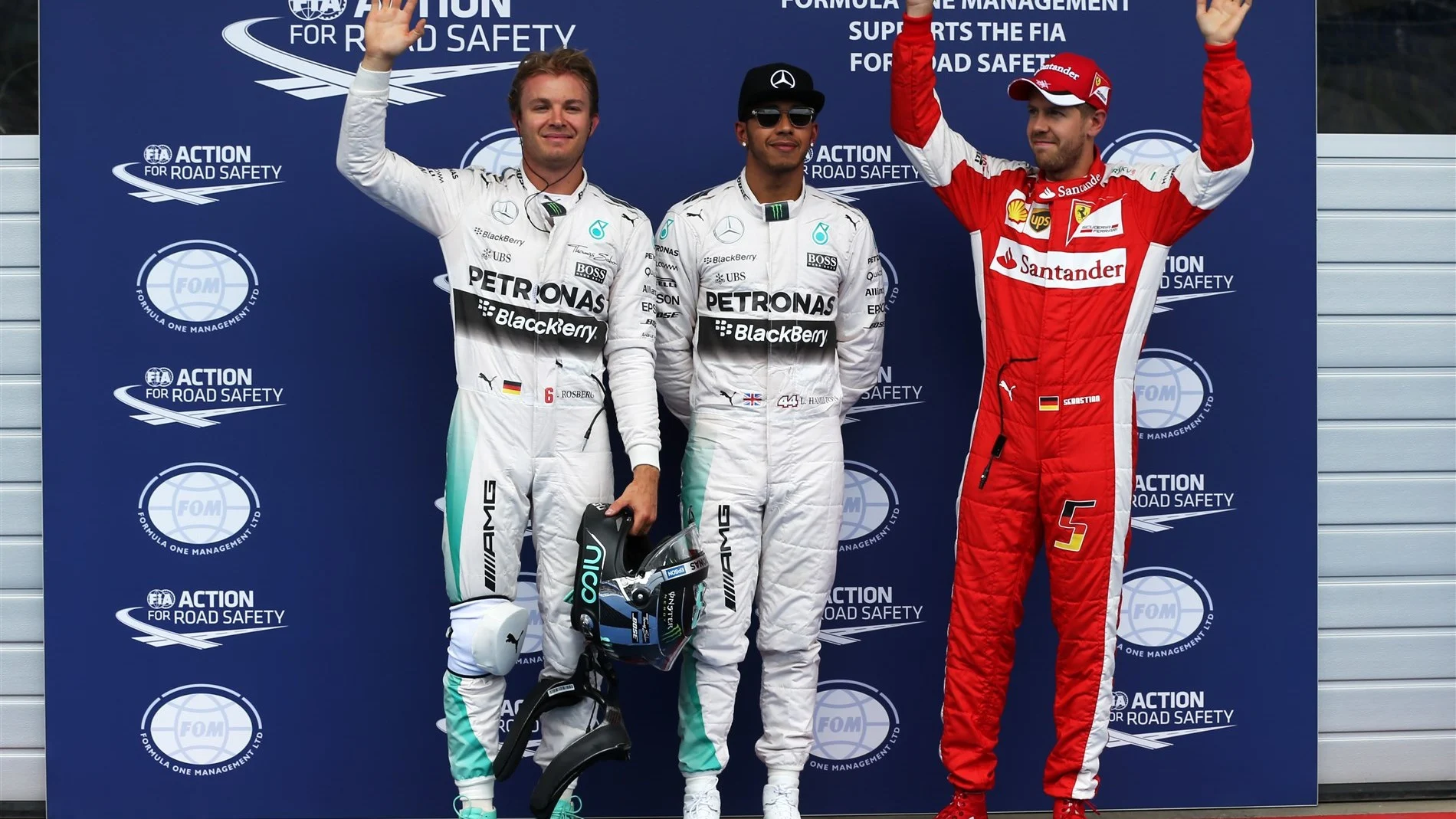 Nico Rosberg (GER) Mercedes AMG F1, pole sitter Lewis Hamilton (GBR) Mercedes AMG F1 and Sebastian Vettel (GER) Ferrari celebrate in parc ferme at Formula One World Championship, Rd8, Austrian Grand Prix, Qualifying, Spielberg, Austria, Saturday 20 June 2015. © Sutton Motorsport Images