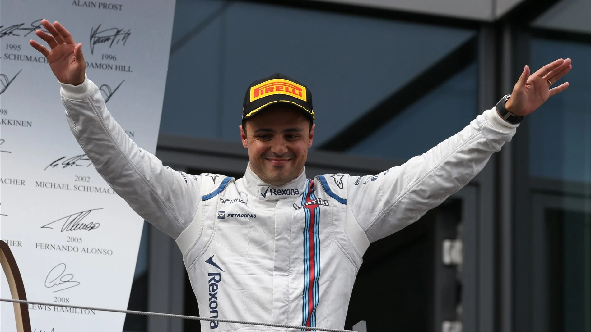 Felipe Massa (BRA) Williams celebrates on the podium at Formula One World Championship, Rd8,