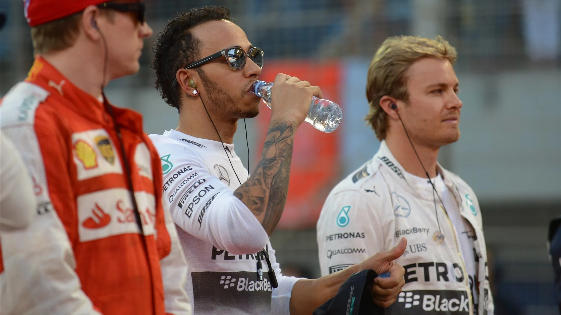 Lewis Hamilton (GBR) Mercedes AMG F1 during the national anthem at Formula One World Championship, Rd4, Bahrain Grand Prix Race, Bahrain International Circuit, Sakhir, Bahrain, Sunday 19  April 2015. © Sutton Motorsport Images