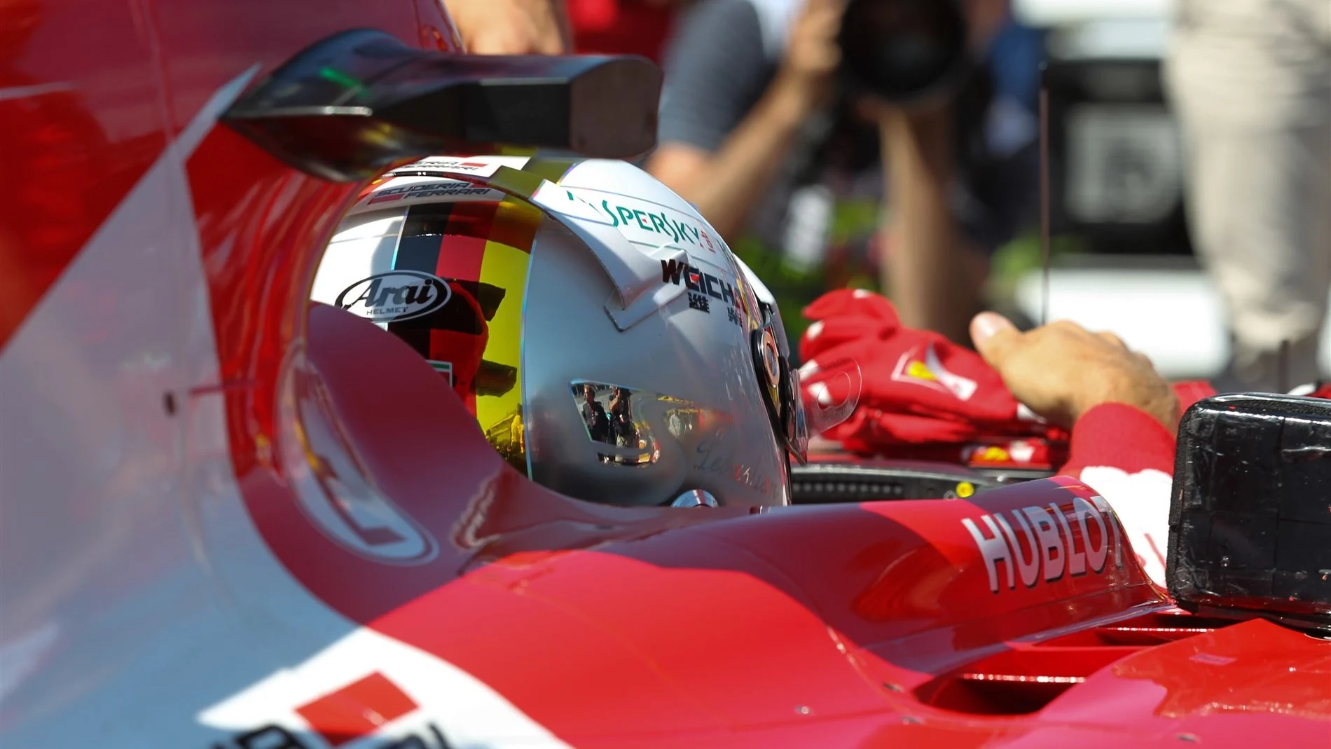 Sebastian Vettel (GER) Ferrari SF15-T on the grid at Formula One World Championship, Rd11, Belgian