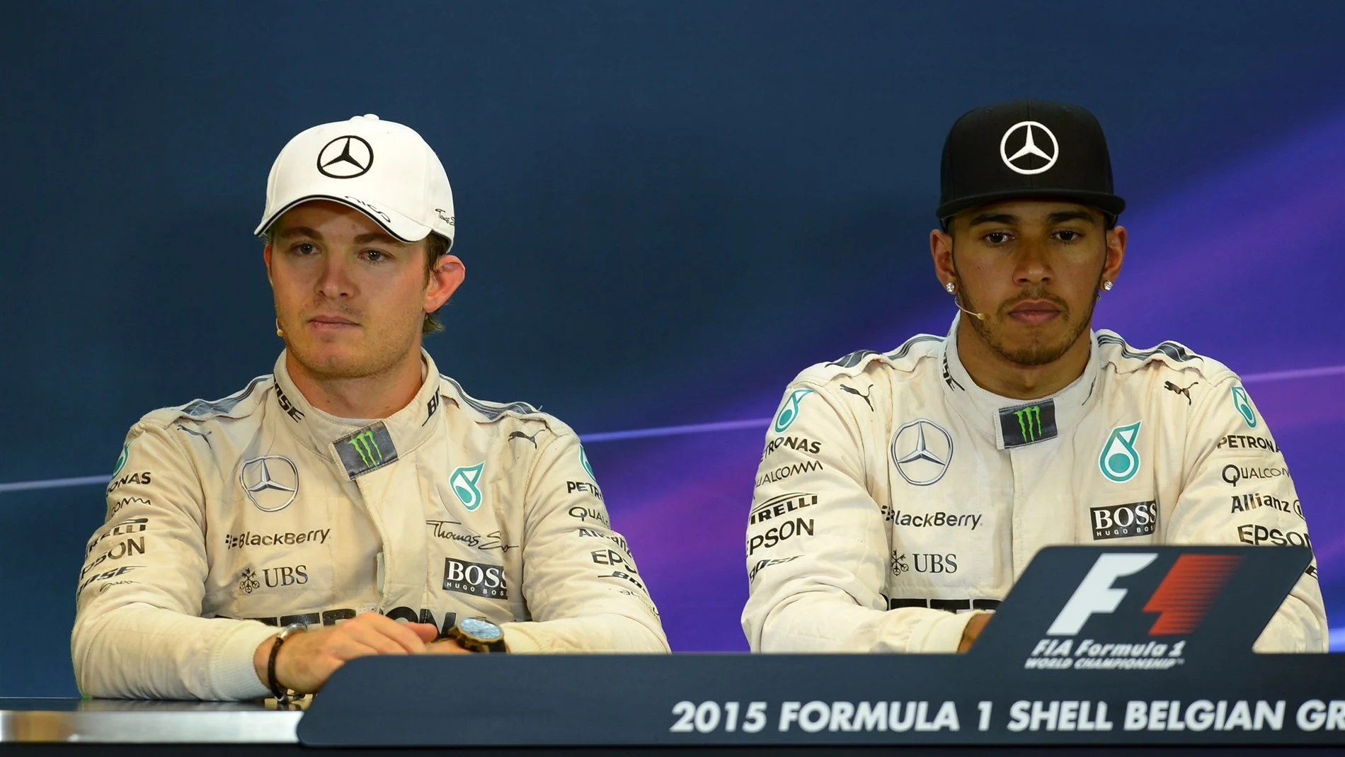 Nico Rosberg (GER) Mercedes AMG F1 and Lewis Hamilton (GBR) Mercedes AMG F1 in the Press Conference at Formula One World Championship, Rd11, Belgian Grand Prix, Race, Spa Francorchamps, Belgium, Sunday 23 August 2015. © Sutton Motorsport Images