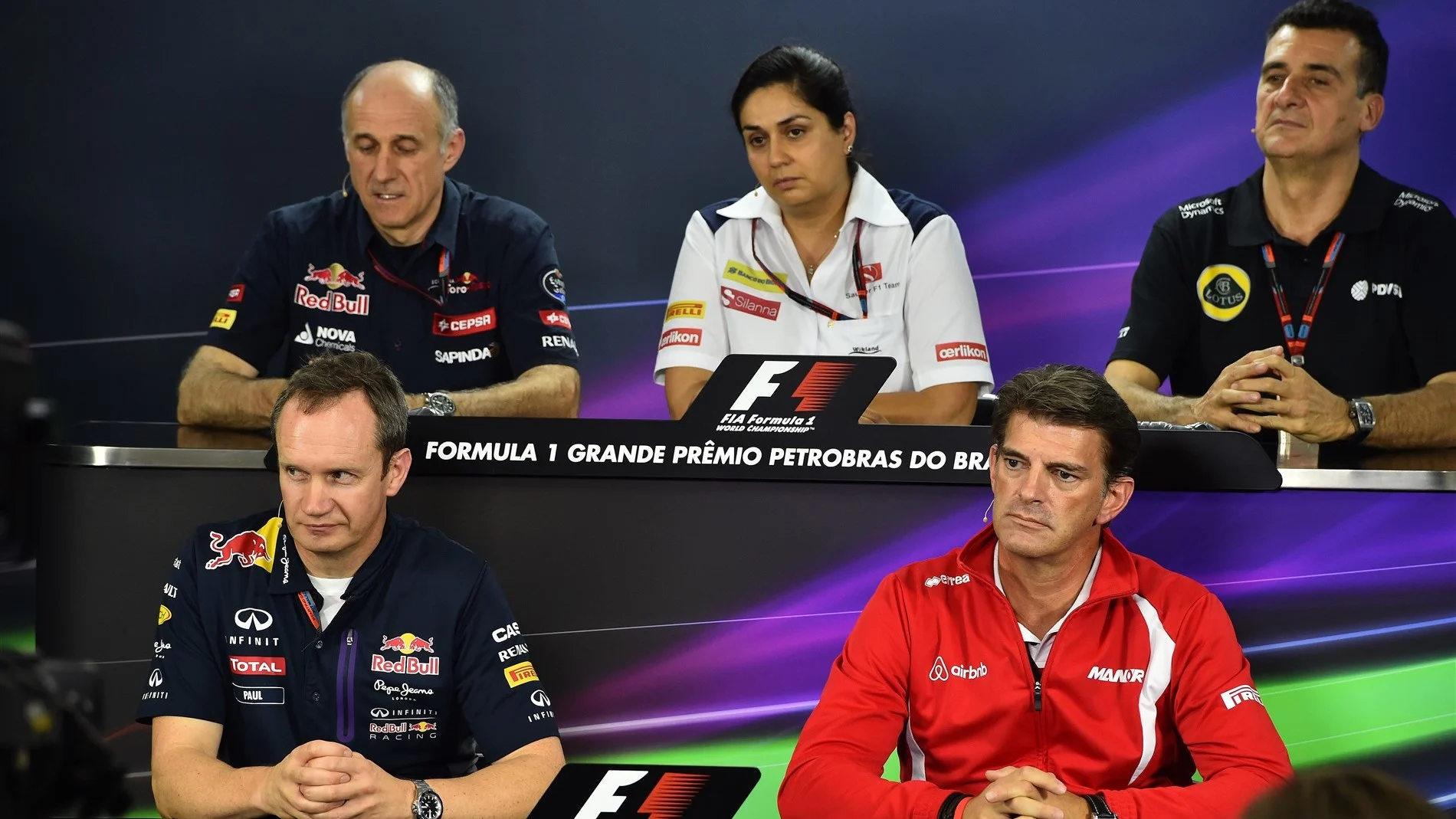 (L to R): Franz Tost (AUT) Scuderia Toro Rosso Team Principal, Monisha Kaltenborn (AUT) Sauber Team Prinicpal, Federico Gastaldi (ARG) Lotus F1 Team Deputy Team Principal, Paul Monaghan (GBR) Red Bull Racing Chief Engineer and Graeme Lowdon (GBR) Chief Executive Officer Marussia in the Press Conference at Formula One World Championship, Rd18, Brazilian Grand Prix, Practice, Interlagos, Sao Paulo, Brazil, Friday 13 November 2015. © Sutton Motorsport Images