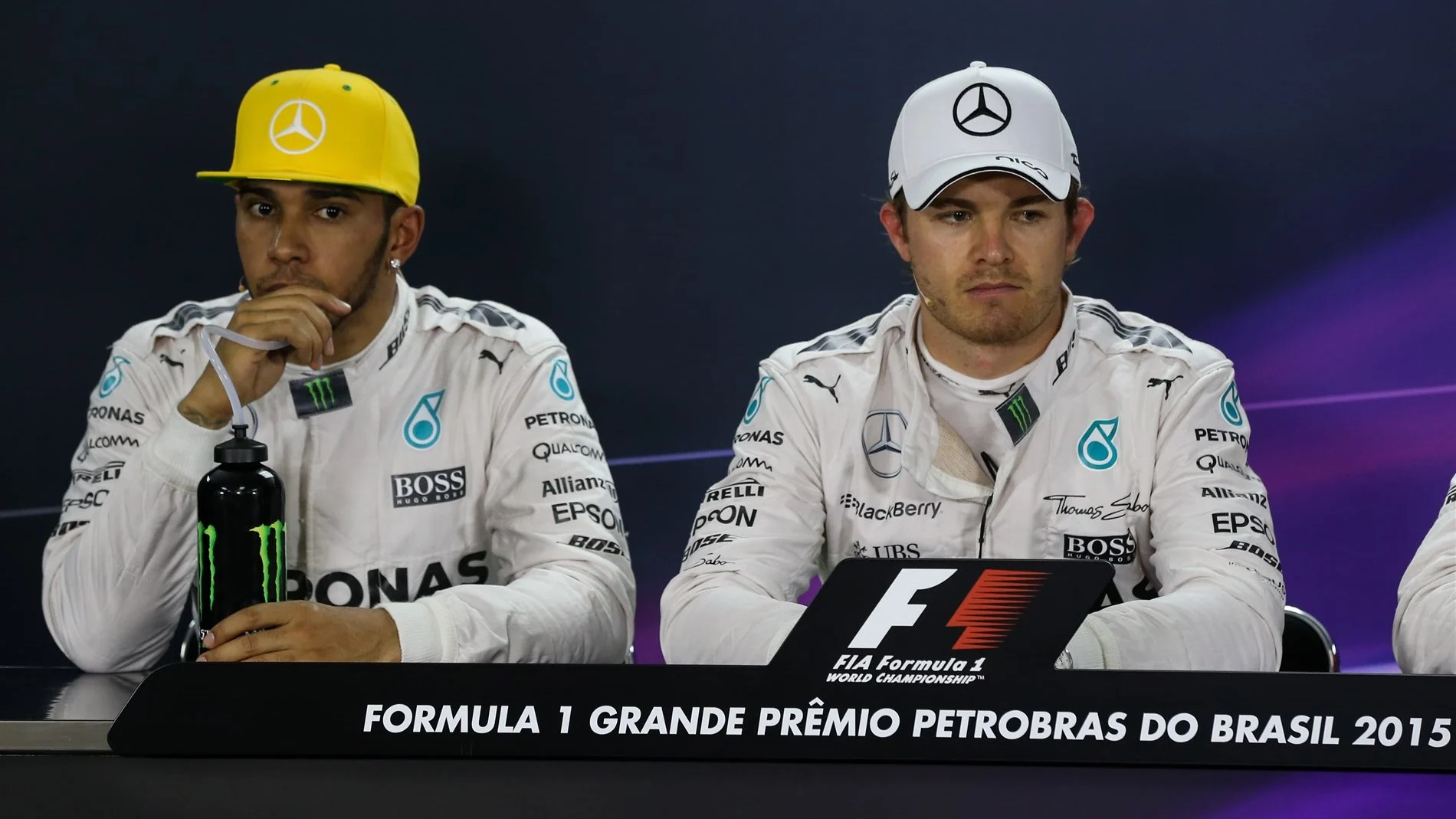 Lewis Hamilton (GBR) Mercedes AMG F1 and pole sitter Nico Rosberg (GER) Mercedes AMG F1 in the