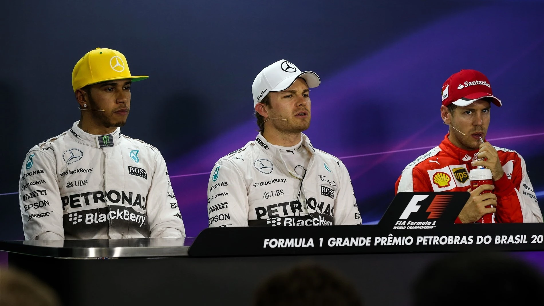 (L to R): Lewis Hamilton (GBR) Mercedes AMG F1, pole sitter Nico Rosberg (GER) Mercedes AMG F1 and Sebastian Vettel (GER) Ferrari in the Press Conference at Formula One World Championship, Rd18, Brazilian Grand Prix, Qualifying, Interlagos, Sao Paulo, Brazil, Saturday 14 November 2015. © Sutton Motorsport Images