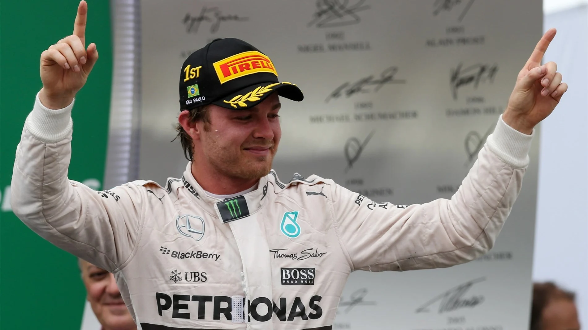 Race winner Nico Rosberg (GER) Mercedes AMG F1 celebrates on the podium at Formula One World