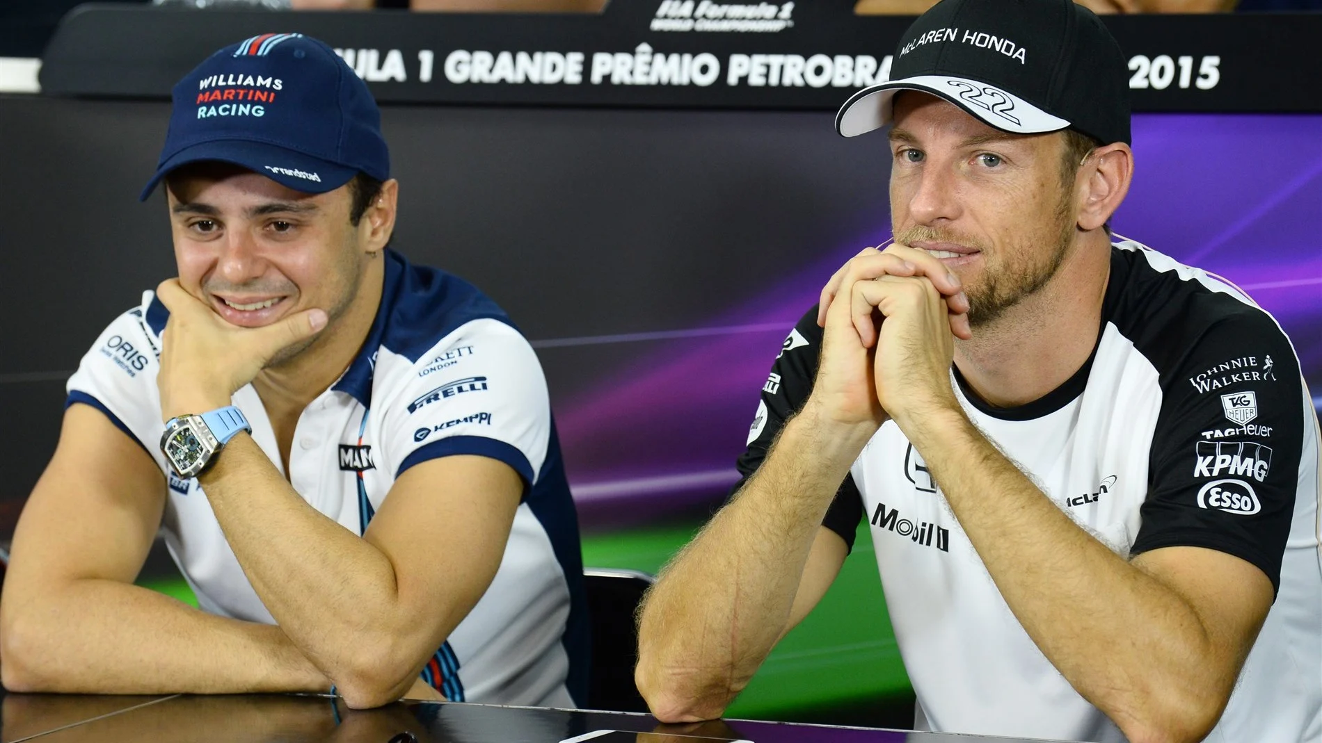 Felipe Massa (BRA) Williams and Jenson Button (GBR) McLaren in the press conference at Formula One
