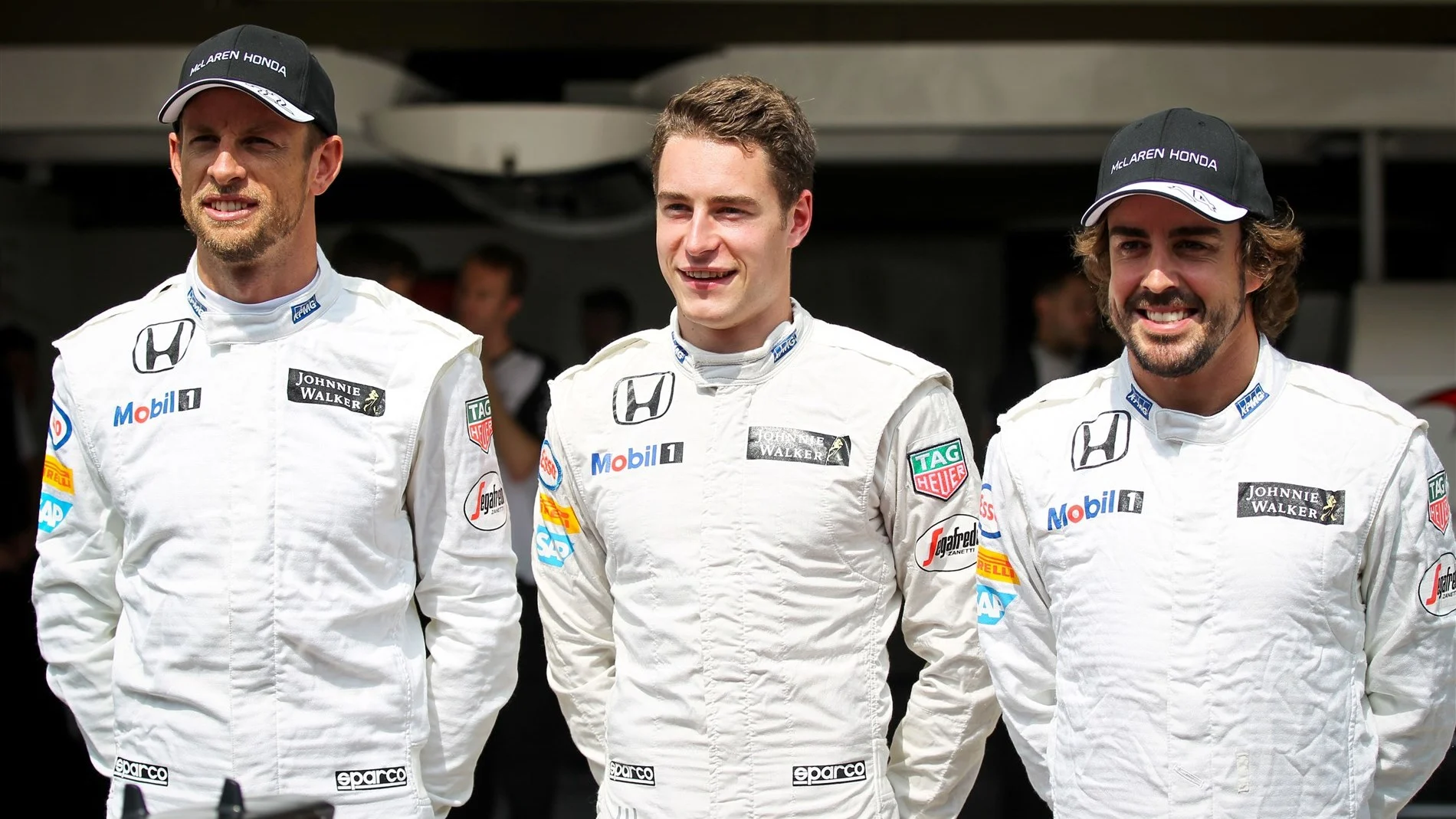 (L to R): Jenson Button (GBR) McLaren, Stoffel Vandoorne (BEL) McLaren and Fernando Alonso (ESP)
