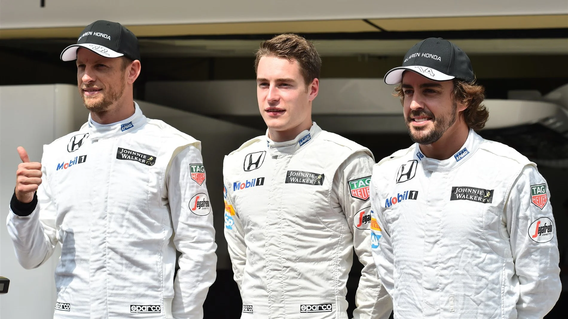 (L to R): Jenson Button (GBR) McLaren, Stoffel Vandoorne (BEL) and Fernando Alonso (ESP) McLaren at