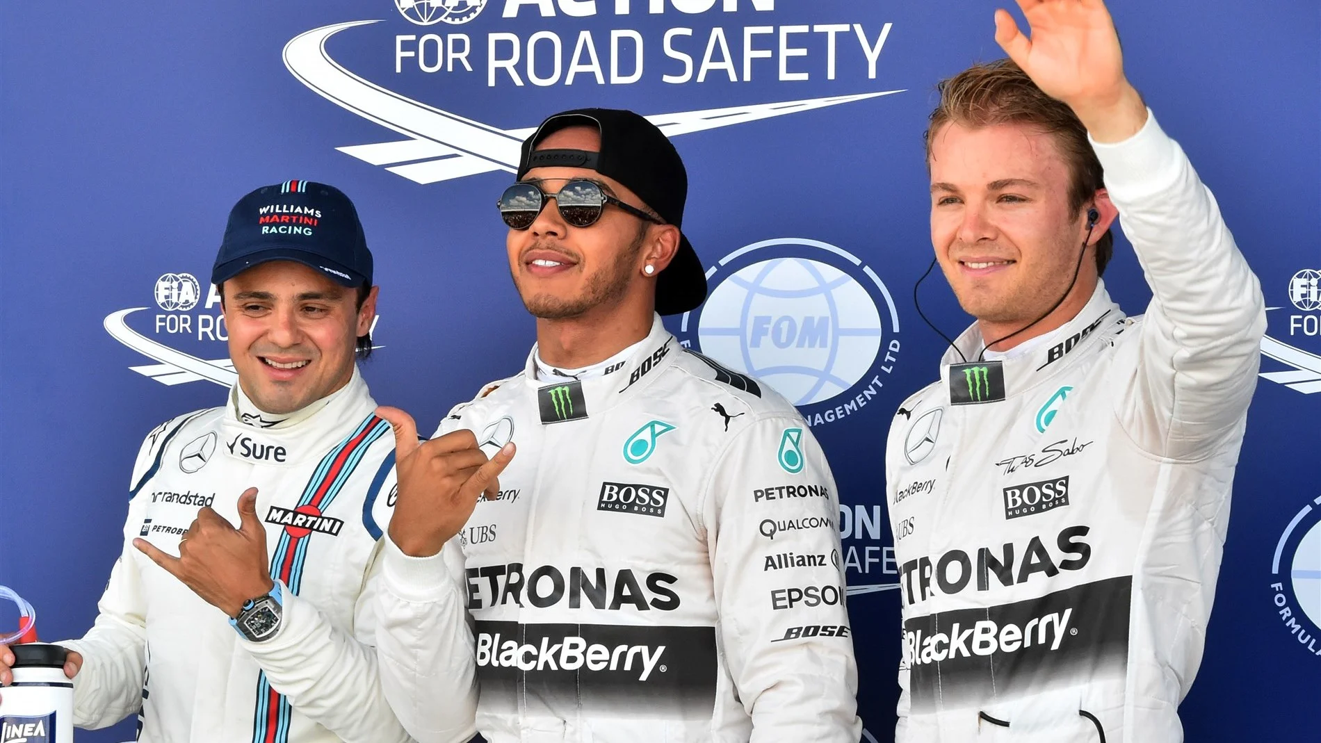 (L to R): Felipe Massa (BRA) Williams, pole sitter Lewis Hamilton (GBR) Mercedes AMG F1 and Nico