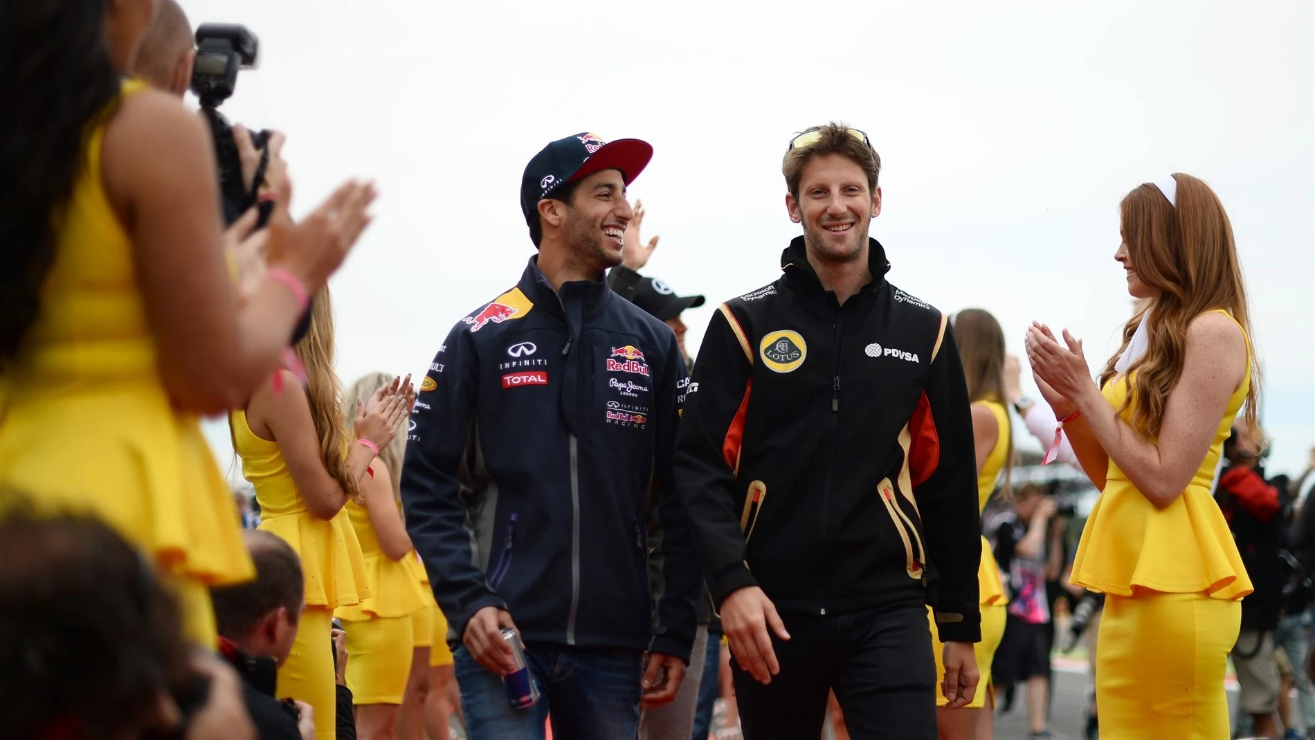 Daniel Ricciardo (AUS) Red Bull Racing and Romain Grosjean (FRA) Lotus F1 on the drivers parade at Formula One World Championship, Rd9, British Grand Prix, Race, Silverstone, England, Sunday 5 July 2015. © Sutton Motorsport Images