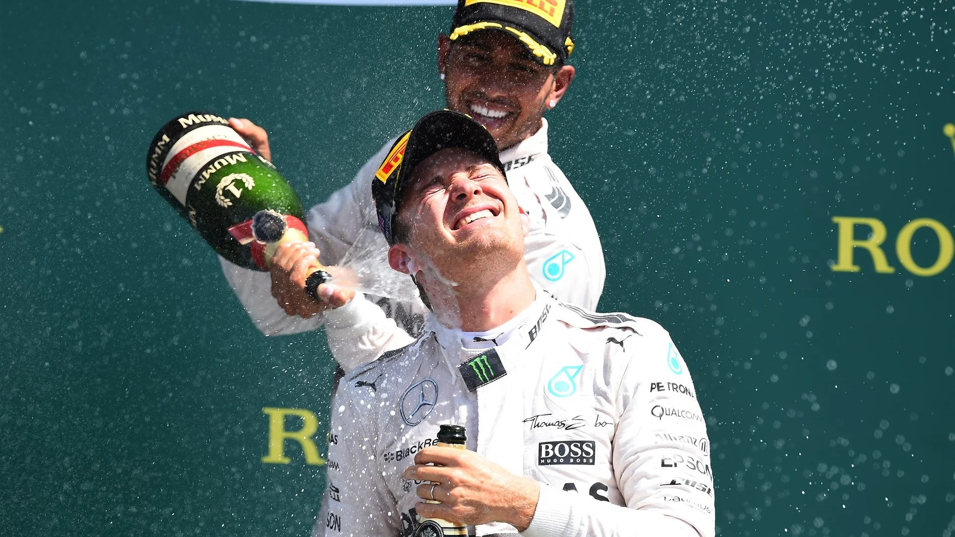 Race winner Lewis Hamilton (GBR) Mercedes AMG F1 and Nico Rosberg (GER) Mercedes AMG F1 celebrate