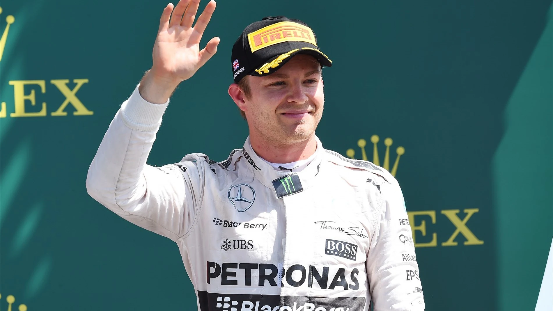 Nico Rosberg (GER) Mercedes AMG F1 celebrates on the podium at Formula One World Championship, Rd9,