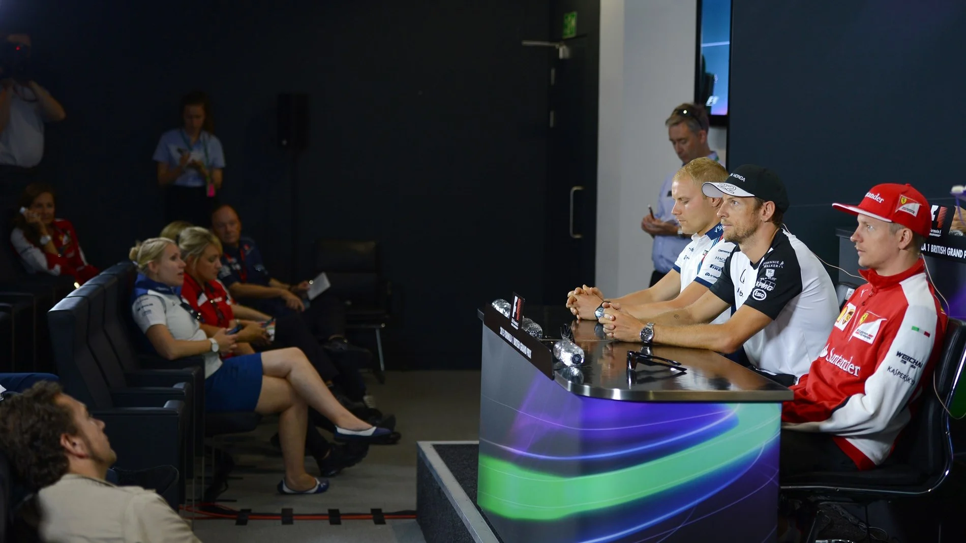 Valtteri Bottas (FIN) Williams, Jenson Button (GBR) McLaren and Kimi Raikkonen (FIN) Ferrari in the press conference at Formula One World Championship, Rd9, British Grand Prix, Preparations, Silverstone, England, Thursday 2 July 2015. © Sutton Motorsport Images