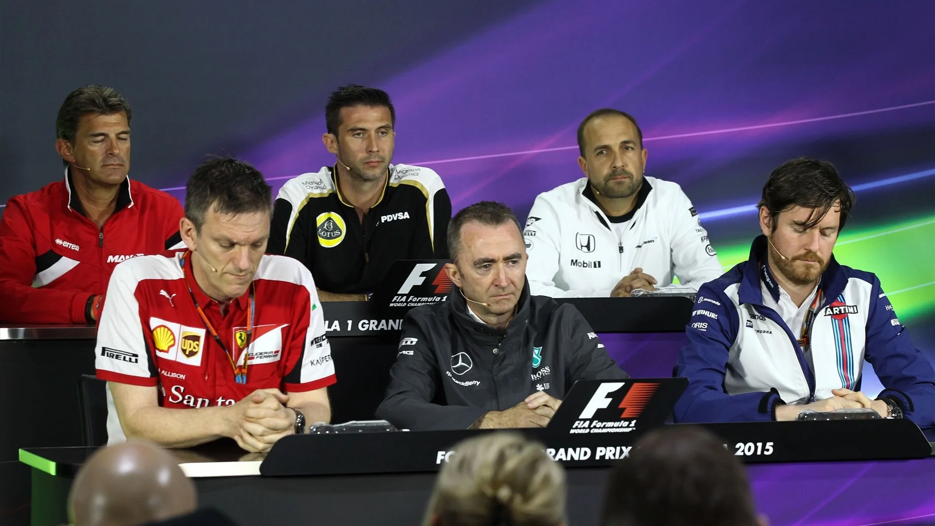 (L to R) Graeme Lowdon (GBR) Chief Executive Officer Manor F1, Matthew Carter (GBR) Lotus F1 Team CEO, Matt Morris (GBR) McLaren, James Allison (GBR) Ferrari Chassis Technical Director, Paddy Lowe (GBR) Mercedes AMG F1 Executive Director (Technical) and Rob Smedley (GBR) Williams Head of Vehicle Performance in the Press Conference at Formula One World Championship, Rd7, Canadian Grand Prix, Practice, Montreal, Canada, Friday 5 June 2015. © Sutton Motorsport Images