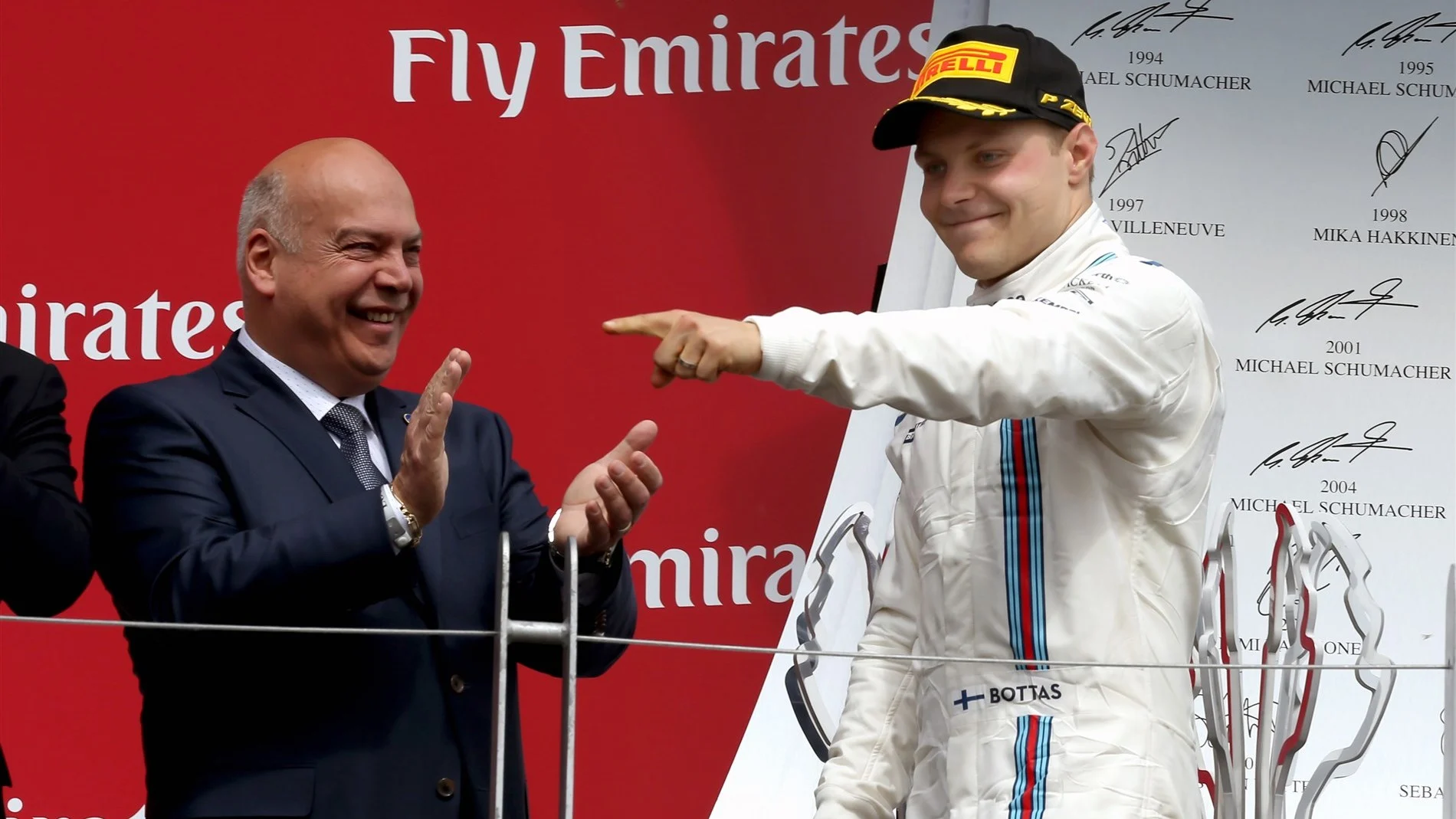 Valtteri Bottas (FIN) Williams celebrates on the podium at Formula One World Championship, Rd7,
